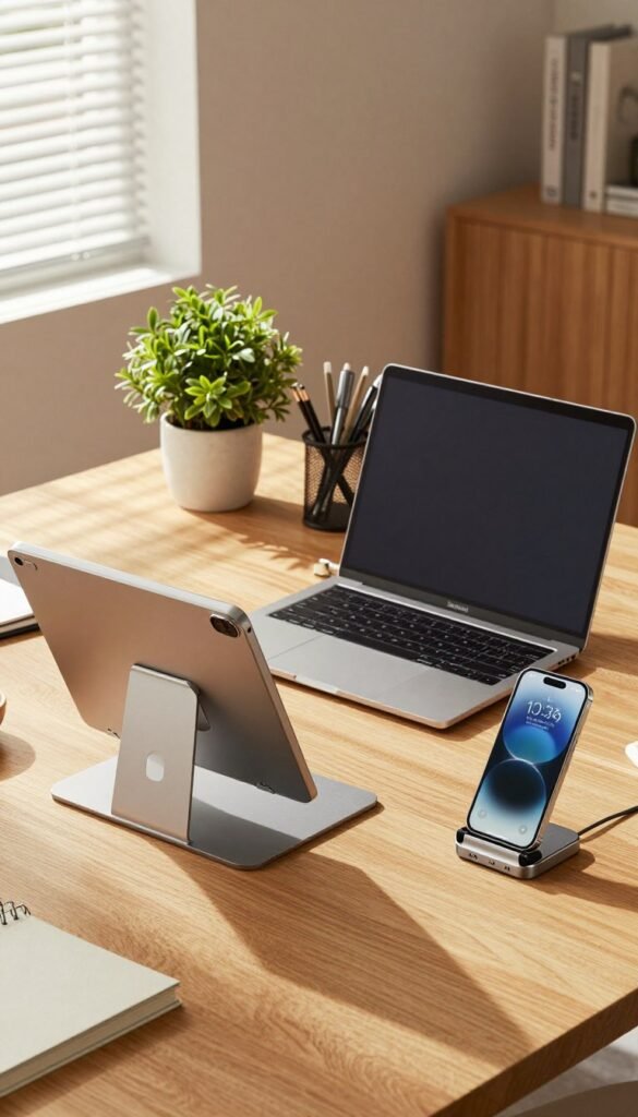 A stylish office desk setup featuring sleek, modern holders for a laptop, tablet, and smartphone, all branded with TechKiste. In the foreground, the laptop is positioned prominently in a metallic stand, while a tablet rests elegantly in a minimalist holder beside it. A smartphone is securely positioned in a compatible dock, showcasing neat organization. The middle of the scene is filled with elegant stationery and a potted plant, creating a harmonious workspace atmosphere. In the background, warm ambient lighting filters through a nearby window, casting soft shadows that enhance the natural tones of the wooden desk. The overall mood is professional yet inviting, evoking a sense of productivity and modernity, with a Pinterest-inspired aesthetic free of any text or distractions. A stylish office desk setup featuring sleek, modern holders for a laptop, tablet, and smartphone, all branded with TechKiste. In the foreground, the laptop is positioned prominently in a metallic stand, while a tablet rests elegantly in a minimalist holder beside it. A smartphone is securely positioned in a compatible dock, showcasing neat organization. The middle of the scene is filled with elegant stationery and a potted plant, creating a harmonious workspace atmosphere. In the background, warm ambient lighting filters through a nearby window, casting soft shadows that enhance the natural tones of the wooden desk. The overall mood is professional yet inviting, evoking a sense of productivity and modernity, with a Pinterest-inspired aesthetic free of any text or distractions.