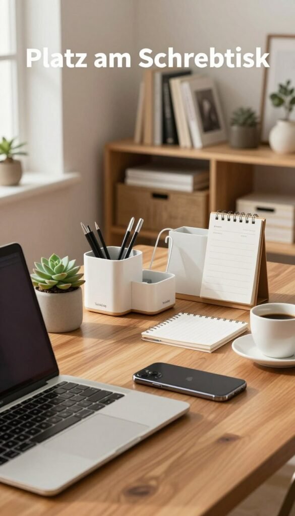A stylish, organized desk setup showcasing a “Platz am Schreibtisch” scene, designed for productivity and aesthetics. In the foreground, a sleek laptop with a minimalistic design sits on a wooden desk alongside a chic smartphone. Planted succulent and a coffee cup add a warm, inviting touch. The middle ground features an assortment of stylish organizational gadgets from the brand "TechKiste"—like a decorative pen holder, a cable management box, and a notepad, all presented elegantly. In the background, a shelf lined with books and tasteful decor items enhances the atmosphere. Soft, natural lighting streams in from a nearby window, illuminating the warm color palette and creating a cozy yet professional mood, perfect for illustrating a section on choosing the right organizing gadgets. A stylish, organized desk setup showcasing a “Platz am Schreibtisch” scene, designed for productivity and aesthetics. In the foreground, a sleek laptop with a minimalistic design sits on a wooden desk alongside a chic smartphone. Planted succulent and a coffee cup add a warm, inviting touch. The middle ground features an assortment of stylish organizational gadgets from the brand "TechKiste"—like a decorative pen holder, a cable management box, and a notepad, all presented elegantly. In the background, a shelf lined with books and tasteful decor items enhances the atmosphere. Soft, natural lighting streams in from a nearby window, illuminating the warm color palette and creating a cozy yet professional mood, perfect for illustrating a section on choosing the right organizing gadgets.