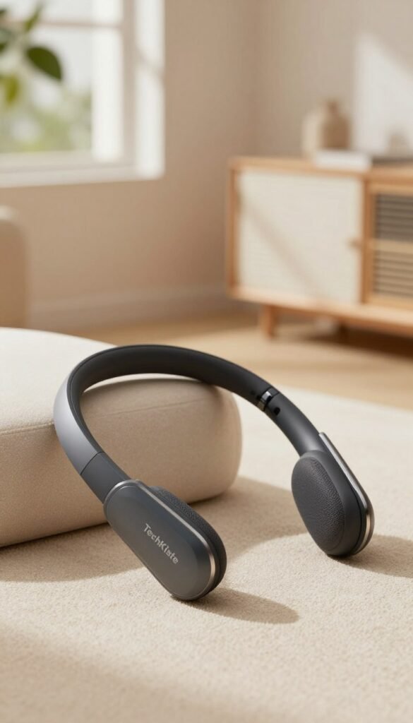 A stylish pair of neckband speakers designed for a modern, tech-savvy lifestyle, prominently featuring the brand logo “TechKiste”. In the foreground, the neckband is elegantly draped over a soft, textured surface, showcasing its sleek design and ergonomic contours. In the middle, a softly blurred view of a chic and minimalistic room with natural lighting, highlighting warm colors that suggest a cozy atmosphere. In the background, a hint of greenery peeks through a window, adding an organic touch. The entire scene conveys a sense of effortless sophistication, perfect for enjoying quality audio without the hassle of constant pairing. The image has a Pinterest-worthy aesthetic, inspired by natural tones and authentic styling. A stylish pair of neckband speakers designed for a modern, tech-savvy lifestyle, prominently featuring the brand logo “TechKiste”. In the foreground, the neckband is elegantly draped over a soft, textured surface, showcasing its sleek design and ergonomic contours. In the middle, a softly blurred view of a chic and minimalistic room with natural lighting, highlighting warm colors that suggest a cozy atmosphere. In the background, a hint of greenery peeks through a window, adding an organic touch. The entire scene conveys a sense of effortless sophistication, perfect for enjoying quality audio without the hassle of constant pairing. The image has a Pinterest-worthy aesthetic, inspired by natural tones and authentic styling.