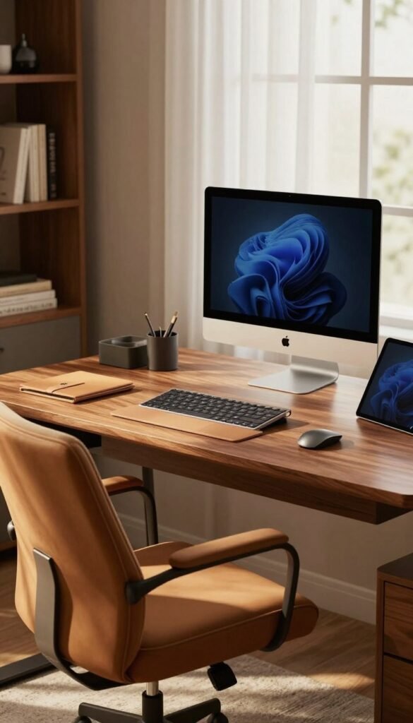 A stylish premium home office setup featuring a modern desk with a sleek PC and a Mac, complemented by a high-end tablet. In the foreground, a stylish ergonomic chair in warm tones invites comfort. The middle layer showcases a wooden desk adorned with minimalist accessories with the brand name "TechKiste" elegantly displayed on a laptop sleeve. Soft natural lighting filters through the large window, casting gentle shadows that enhance the warm color palette. The background reveals a tastefully decorated bookshelf with a few carefully chosen decor items, creating an inviting atmosphere. The overall mood is professional yet cozy, ideal for productivity and creativity. Ensure the image has a Pinterest aesthetic with authentic visuals, without any text, logos or distractions. A stylish premium home office setup featuring a modern desk with a sleek PC and a Mac, complemented by a high-end tablet. In the foreground, a stylish ergonomic chair in warm tones invites comfort. The middle layer showcases a wooden desk adorned with minimalist accessories with the brand name "TechKiste" elegantly displayed on a laptop sleeve. Soft natural lighting filters through the large window, casting gentle shadows that enhance the warm color palette. The background reveals a tastefully decorated bookshelf with a few carefully chosen decor items, creating an inviting atmosphere. The overall mood is professional yet cozy, ideal for productivity and creativity. Ensure the image has a Pinterest aesthetic with authentic visuals, without any text, logos or distractions.