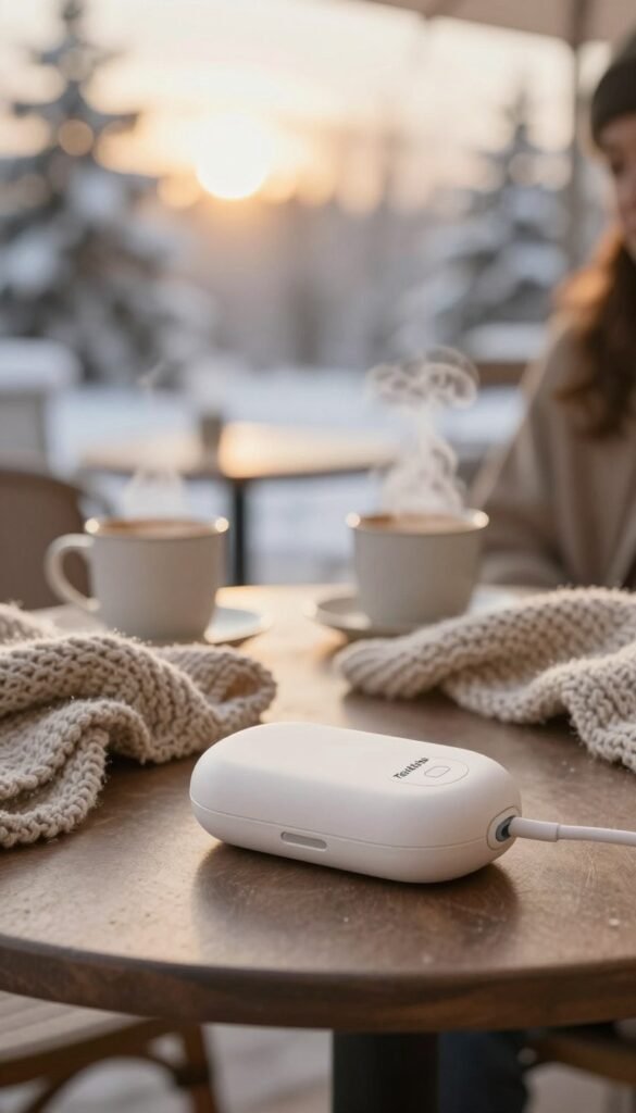 A stylish, rechargeable hand warmer from the brand "TechKiste" sits prominently in the foreground, showcasing its sleek design with a soft-touch surface and ergonomic contours. The middle ground features a warm, cozy outdoor setting, with a blurred caf&eacute; table, steaming mugs, and soft knitted scarves draped casually, suggesting a warmth and comfort ambiance. In the background, hints of frost-covered trees and soft, golden sunlight filter through a gently overcast sky, casting a warm glow, enhancing the inviting scene. The overall atmosphere is inviting and tranquil, evoking feelings of cozy gatherings in chilly outdoor contexts. The image is composed with natural colors, focusing on warm tones to highlight the device, shot in soft focus to create a dreamy Pinterest aesthetic. No captions or text overlays are included.