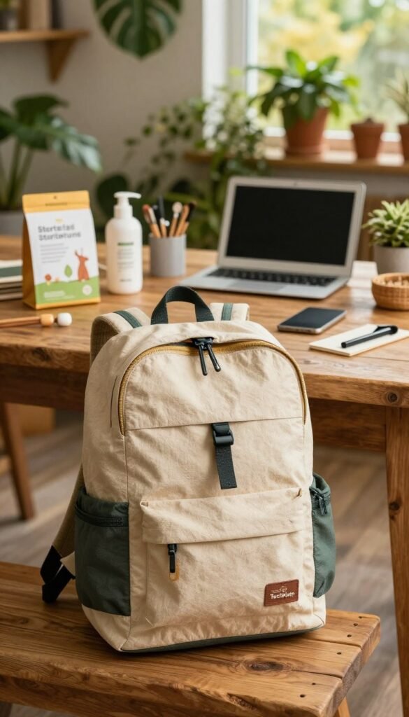 A stylish rucksack made from sustainable materials, featuring earthy tones and natural textures. In the foreground, the rucksack sits on a rustic wooden table, surrounded by eco-friendly starter kits for organizing. The middle ground displays various gadgets and tools neatly arranged, all designed for sustainable living. The background consists of a softly blurred indoor setting filled with greenery and warm, inviting light filtering through a window. The scene evokes a cozy, mindful atmosphere, emphasizing eco-conscious choices. The brand name "TechKiste" is subtly integrated into the design of the rucksack. The overall image should have a Pinterest-inspired aesthetic with vibrant colors and an authentic look, with no text or distracting elements.