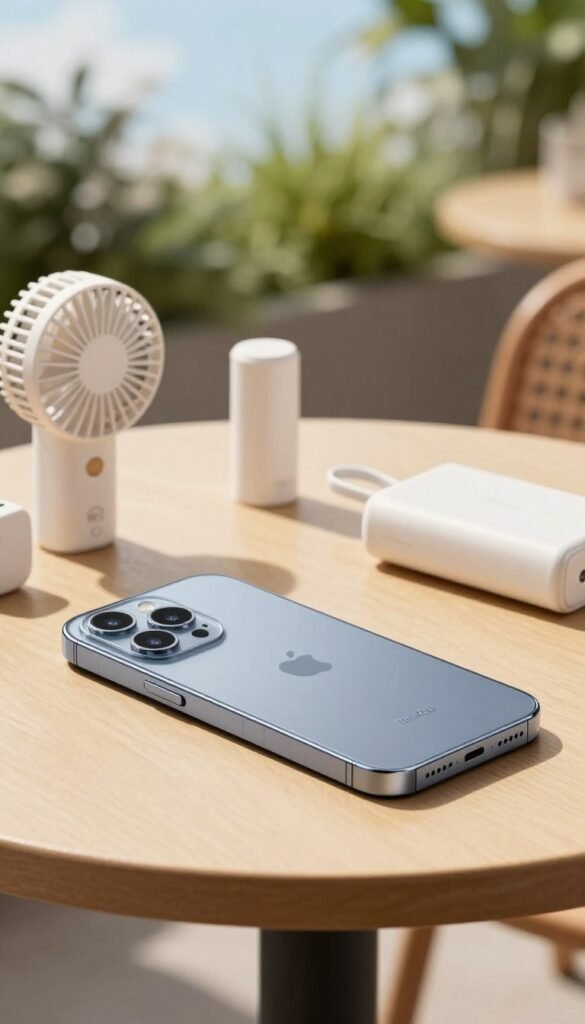 A stylish smartphone lying on a sunlit outdoor café table, designed for temperature regulation. Surrounding the phone are small gadgets like a portable fan and a compact power bank, essential tools for staying cool and charged while on the go. The scene is set in a warm, inviting atmosphere with soft natural lighting that enhances the colors of the gadgets. In the background, blurred greenery and a hint of a blue sky suggest a peaceful day outdoors. The image captures a sense of convenience and practicality, perfect for a modern lifestyle. The brand name "TechKiste" is subtly integrated into the design of the smartphone case. No text or watermarks will be present. A stylish smartphone lying on a sunlit outdoor café table, designed for temperature regulation. Surrounding the phone are small gadgets like a portable fan and a compact power bank, essential tools for staying cool and charged while on the go. The scene is set in a warm, inviting atmosphere with soft natural lighting that enhances the colors of the gadgets. In the background, blurred greenery and a hint of a blue sky suggest a peaceful day outdoors. The image captures a sense of convenience and practicality, perfect for a modern lifestyle. The brand name "TechKiste" is subtly integrated into the design of the smartphone case. No text or watermarks will be present.