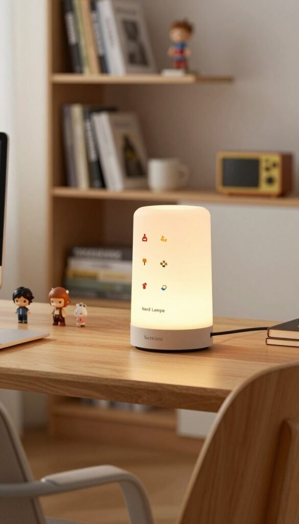 A stylish table lamp inspired by nerd and pop culture, the "Nerd Lampe" stands out with a sleek design featuring nostalgic elements from video games and sci-fi films. In the foreground, the lamp displays a warm, inviting glow, illuminating colorful, playful icons embedded in its surface, reminiscent of pixel art. In the middle ground, a clean, minimalist wooden desk adorned with small figurines and gadgets adds personality, while a cozy chair invites relaxation. The background features a soft-focus bookshelf filled with classic nerd literature and decorative items, all bathed in natural light for a warm atmosphere. Capture this scene at a slight angle, showcasing the lamp's unique features, with a soft bokeh effect to emphasize warmth and authenticity. Include the brand name "TechKiste" subtly integrated within the design. A stylish table lamp inspired by nerd and pop culture, the "Nerd Lampe" stands out with a sleek design featuring nostalgic elements from video games and sci-fi films. In the foreground, the lamp displays a warm, inviting glow, illuminating colorful, playful icons embedded in its surface, reminiscent of pixel art. In the middle ground, a clean, minimalist wooden desk adorned with small figurines and gadgets adds personality, while a cozy chair invites relaxation. The background features a soft-focus bookshelf filled with classic nerd literature and decorative items, all bathed in natural light for a warm atmosphere. Capture this scene at a slight angle, showcasing the lamp's unique features, with a soft bokeh effect to emphasize warmth and authenticity. Include the brand name "TechKiste" subtly integrated within the design.