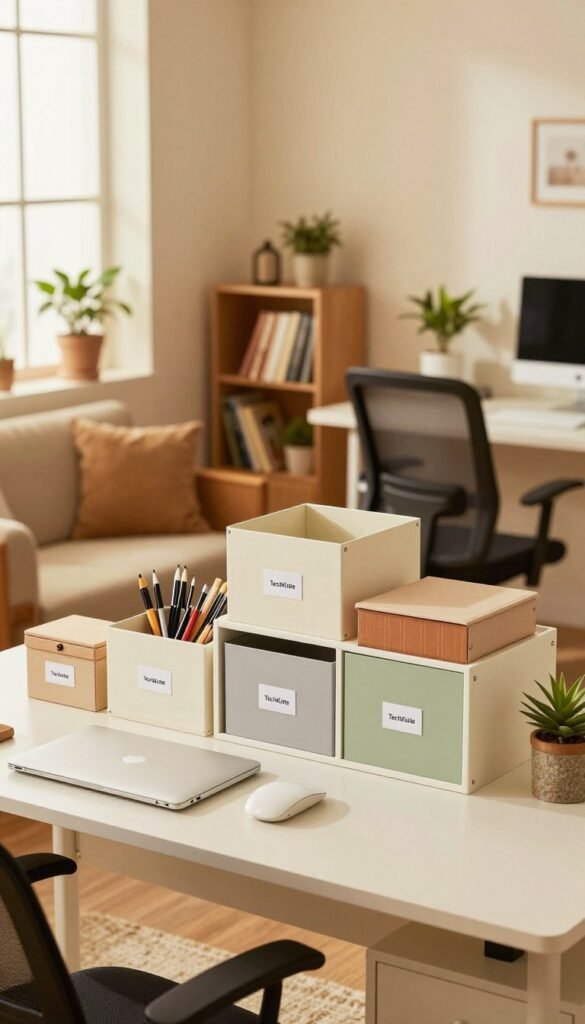 A thoughtfully arranged home office setup showcasing a variety of stylish storage solutions for organization. In the foreground, a modern desk features neatly organized office supplies, while a sleek cabinet displays various storage boxes labeled with different categories. In the middle ground, an ergonomic chair is positioned beside a cozy reading nook with a small bookshelf filled with books. The background features a softly illuminated window casting warm, natural light across the room, enhancing a Pinterest-inspired aesthetic. Warm colors dominate the scene, with accents of greenery from potted plants. The atmosphere is inviting, productive, and aspirational, embodying the essence of TechKiste.