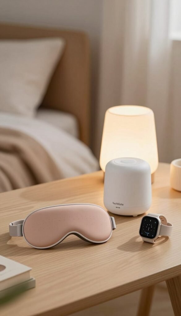 A thoughtfully designed selection of sleep gadgets displayed on a soft, neutral-toned surface, such as a light wooden table. In the foreground, a sleek, modern sleep mask with subtle textures and colors, a minimalist white noise machine, and an elegant sleep tracker watch, all showcasing innovative design elements. In the middle ground, a softly glowing bedside lamp casts warm, inviting light, enhancing the serene atmosphere. The background features a calming bedroom ambiance with blurred edges, incorporating elements like cozy bedding and soft curtains, all in natural, harmonious colors to evoke a Pinterest-inspired aesthetic. The brand name "TechKiste" subtly integrated into the scene, maintaining a clean and authentic look without any text overlays or distractions. A thoughtfully designed selection of sleep gadgets displayed on a soft, neutral-toned surface, such as a light wooden table. In the foreground, a sleek, modern sleep mask with subtle textures and colors, a minimalist white noise machine, and an elegant sleep tracker watch, all showcasing innovative design elements. In the middle ground, a softly glowing bedside lamp casts warm, inviting light, enhancing the serene atmosphere. The background features a calming bedroom ambiance with blurred edges, incorporating elements like cozy bedding and soft curtains, all in natural, harmonious colors to evoke a Pinterest-inspired aesthetic. The brand name "TechKiste" subtly integrated into the scene, maintaining a clean and authentic look without any text overlays or distractions.