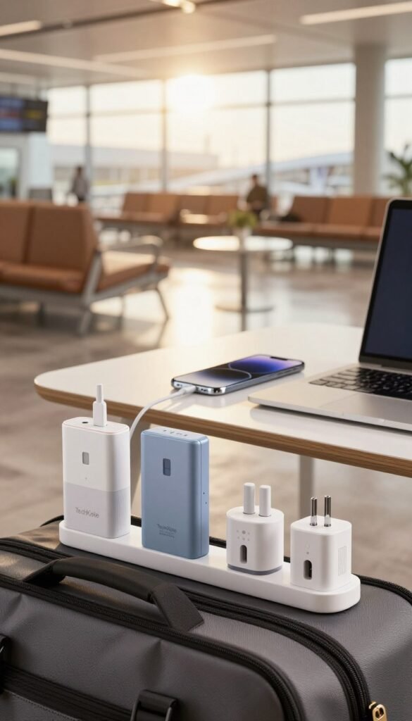 A thoughtfully organized travel scene showcasing essential travel gadgets from "TechKiste" for an article on travel power devices. In the foreground, elegantly arranged items like portable chargers, multi-device charging stations, and travel adapters are stylishly displayed on a sleek travel bag, all in warm, inviting colors. In the middle, a modern, minimalist workspace featuring a laptop and smartphone complement the gadgets, creating a sense of productivity. The background reveals a soft-focus airport lounge, bathed in natural light, suggesting adventure and readiness for travel. A serene atmosphere, with sunlight filtering through large windows, evokes a feeling of warmth and inspiration, perfect for traveling professionals seeking reliable power solutions.