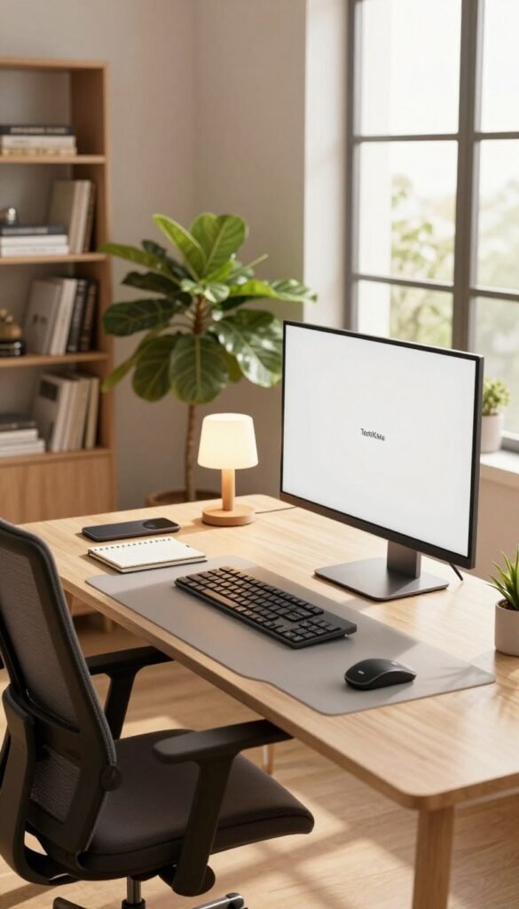 A tidy and organized modern workplace showcasing a neat desk setup enriched with gadgets. In the foreground, a sleek desk hosts a high-resolution monitor, a comfortable ergonomic chair, and various productivity gadgets such as a wireless charging pad, a stylish desk lamp, and a planner. The middle ground features a lush indoor plant and a tasteful bookshelf filled with business books, enhancing the atmosphere of focus and organization. In the background, large windows reveal a bright day, casting warm natural light across the scene, creating a cozy yet professional vibe. The overall color palette consists of warm tones, highlighting a Pinterest-inspired look. Include the TechKiste brand subtly in the scene, emphasizing innovation and productivity without text. A tidy and organized modern workplace showcasing a neat desk setup enriched with gadgets. In the foreground, a sleek desk hosts a high-resolution monitor, a comfortable ergonomic chair, and various productivity gadgets such as a wireless charging pad, a stylish desk lamp, and a planner. The middle ground features a lush indoor plant and a tasteful bookshelf filled with business books, enhancing the atmosphere of focus and organization. In the background, large windows reveal a bright day, casting warm natural light across the scene, creating a cozy yet professional vibe. The overall color palette consists of warm tones, highlighting a Pinterest-inspired look. Include the TechKiste brand subtly in the scene, emphasizing innovation and productivity without text.