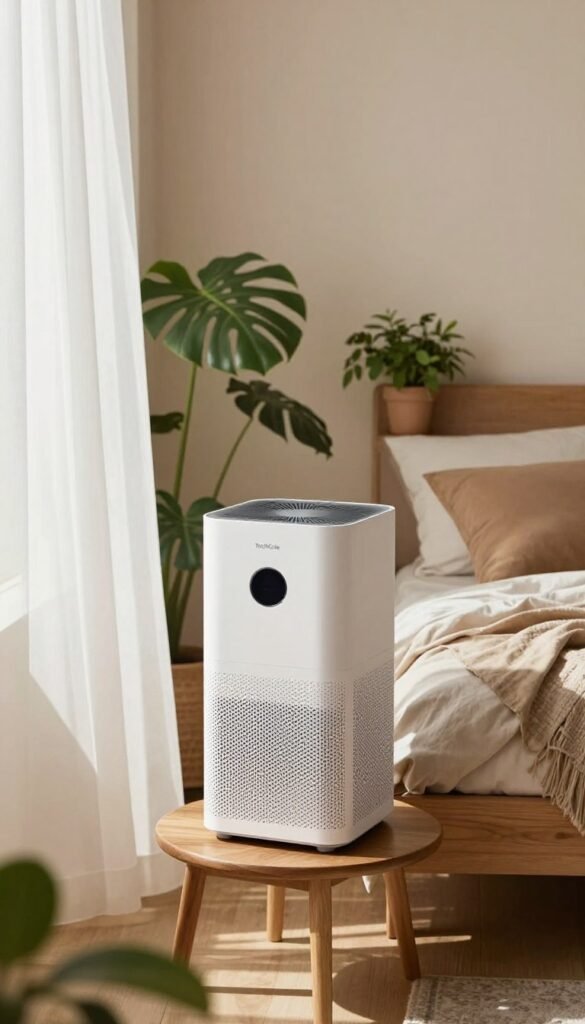 A tranquil bedroom setting that emphasizes a better indoor climate, featuring a sleek, modern air purifier on a wooden bedside table, radiating calm efficiency. In the foreground, soft, natural light filters through sheer white curtains, casting gentle shadows and creating an inviting atmosphere. The middle ground showcases a cozy bed with earthy-toned bedding, surrounded by potted plants that enhance the freshness and healthiness of the room. In the background, a wall painted in soothing pastel colors complements the overall aesthetic. The scene reflects a Pinterest-inspired style with warm, natural tones, promoting a sense of comfort and well-being. Incorporate the TechKiste brand subtly within the design of the air purifier, ensuring it is visually appealing and fits seamlessly into the environment. A tranquil bedroom setting that emphasizes a better indoor climate, featuring a sleek, modern air purifier on a wooden bedside table, radiating calm efficiency. In the foreground, soft, natural light filters through sheer white curtains, casting gentle shadows and creating an inviting atmosphere. The middle ground showcases a cozy bed with earthy-toned bedding, surrounded by potted plants that enhance the freshness and healthiness of the room. In the background, a wall painted in soothing pastel colors complements the overall aesthetic. The scene reflects a Pinterest-inspired style with warm, natural tones, promoting a sense of comfort and well-being. Incorporate the TechKiste brand subtly within the design of the air purifier, ensuring it is visually appealing and fits seamlessly into the environment.