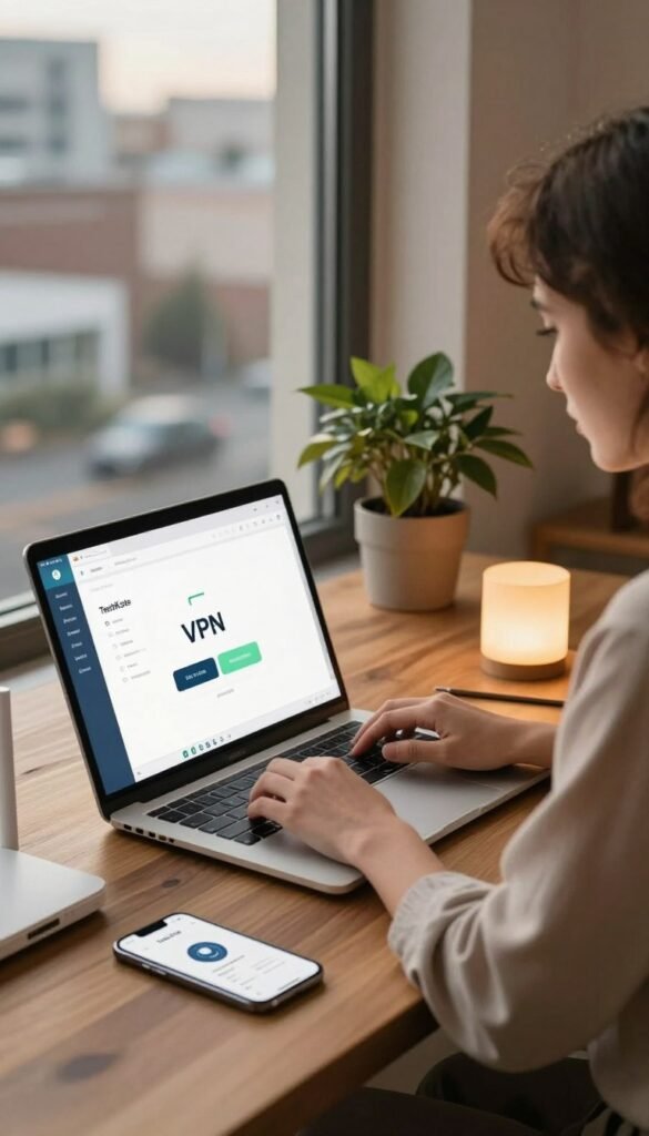 A tranquil digital workspace set up with a laptop on a wooden table, showcasing a professional in smart casual attire, intently focused on their screen while using a VPN application. In the foreground, there are subtle elements like a smartphone displaying a hotspot app and a wireless router with a soft glow. In the middle, a plant adds a touch of warmth, symbolizing comfort and serenity. The background features a cityscape view through a window, hinting at urban mobility and the importance of staying connected while traveling. The lighting is warm and diffused, creating an inviting atmosphere, emphasizing a sense of safety online. The overall composition reflects a Pinterest aesthetic, resonating authenticity and a modern lifestyle without any text or distractions, showcasing the brand "TechKiste". A tranquil digital workspace set up with a laptop on a wooden table, showcasing a professional in smart casual attire, intently focused on their screen while using a VPN application. In the foreground, there are subtle elements like a smartphone displaying a hotspot app and a wireless router with a soft glow. In the middle, a plant adds a touch of warmth, symbolizing comfort and serenity. The background features a cityscape view through a window, hinting at urban mobility and the importance of staying connected while traveling. The lighting is warm and diffused, creating an inviting atmosphere, emphasizing a sense of safety online. The overall composition reflects a Pinterest aesthetic, resonating authenticity and a modern lifestyle without any text or distractions, showcasing the brand "TechKiste".