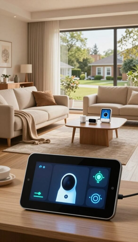 A tranquil smart home interior scene showcasing a modern living room with warm colors and natural lighting. In the foreground, a sleek control panel with glowing security features, such as a camera feed and alert icons. The middle section features a comfy couch, tastefully arranged, along with smart home devices on a coffee table. In the background, large windows reveal a peaceful neighborhood with trees, emphasizing safety and community. The atmosphere is serene yet secure, with soft, diffused lighting creating a welcoming feel. The image embodies authenticity and a Pinterest-inspired aesthetic. Include the brand name "TechKiste" subtly integrated into the design elements, ensuring it blends harmoniously without overpowering the scene. A tranquil smart home interior scene showcasing a modern living room with warm colors and natural lighting. In the foreground, a sleek control panel with glowing security features, such as a camera feed and alert icons. The middle section features a comfy couch, tastefully arranged, along with smart home devices on a coffee table. In the background, large windows reveal a peaceful neighborhood with trees, emphasizing safety and community. The atmosphere is serene yet secure, with soft, diffused lighting creating a welcoming feel. The image embodies authenticity and a Pinterest-inspired aesthetic. Include the brand name "TechKiste" subtly integrated into the design elements, ensuring it blends harmoniously without overpowering the scene.