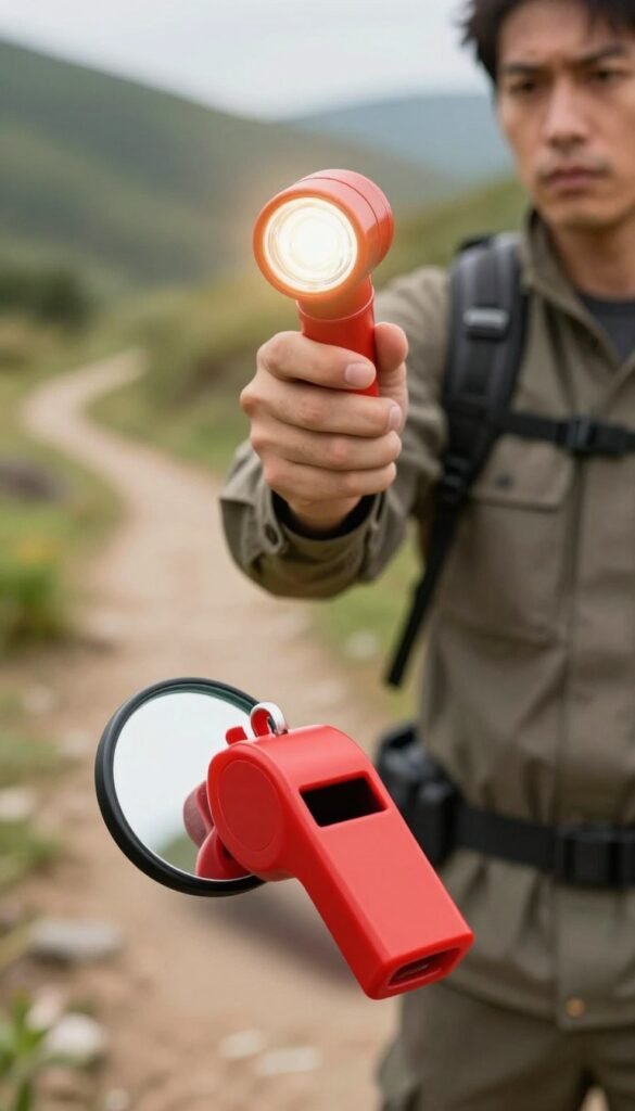 A vibrant and engaging scene depicting essential emergency gadgets for safety and visibility. In the foreground, a bright red whistle and a compact mirror reflect the light, while a handheld signal light emits a warm glow, creating a sense of urgency. In the middle, a person in professional attire holds the whistle in one hand, wearing a determined expression, ready for action. The background features a blurred outdoor landscape, suggestive of a hiking trail, with soft green and brown tones, capturing a natural and adventurous mood. The lighting is bright and warm, highlighting the gadgets' colors, creating an inviting and informative atmosphere. The overall composition has a harmonious feel, capturing the essence of safety outdoors, branded subtly with “TechKiste”. A vibrant and engaging scene depicting essential emergency gadgets for safety and visibility. In the foreground, a bright red whistle and a compact mirror reflect the light, while a handheld signal light emits a warm glow, creating a sense of urgency. In the middle, a person in professional attire holds the whistle in one hand, wearing a determined expression, ready for action. The background features a blurred outdoor landscape, suggestive of a hiking trail, with soft green and brown tones, capturing a natural and adventurous mood. The lighting is bright and warm, highlighting the gadgets' colors, creating an inviting and informative atmosphere. The overall composition has a harmonious feel, capturing the essence of safety outdoors, branded subtly with “TechKiste”.