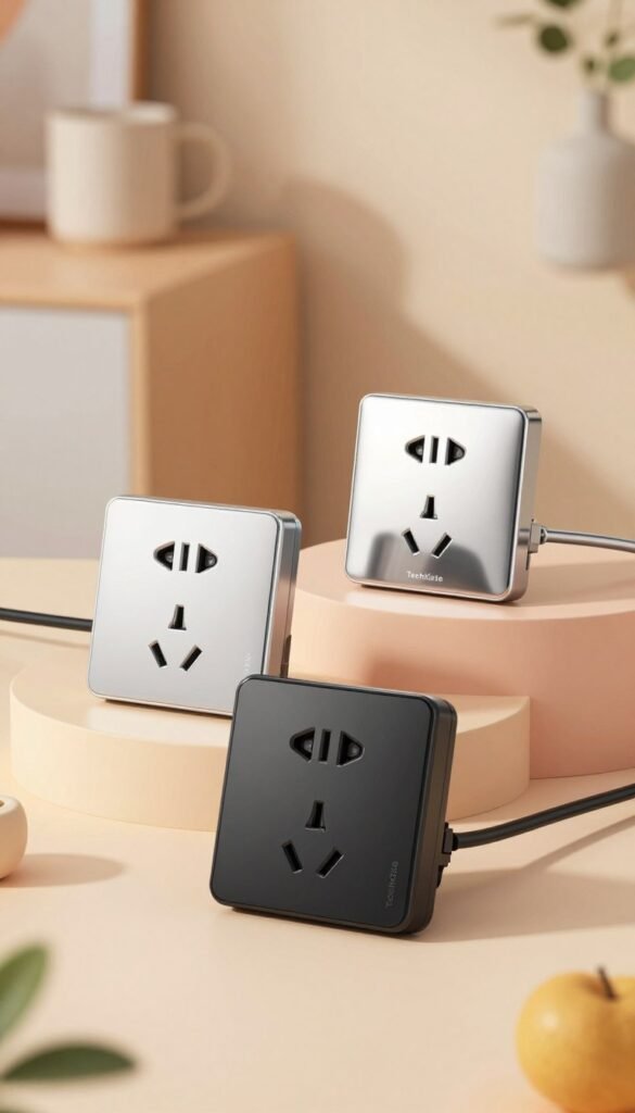 A vibrant and inviting display of three smart power outlets categorized by price: a low-cost outlet in the foreground made of sleek black plastic, the mid-range outlet with a silver finish in the middle, and a high-end outlet with a polished chrome surface in the background. Each outlet is illuminated with warm, natural lighting that enhances the inviting atmosphere. The background features a subtle home setting, such as a modern desk with soft pastel colors that create a Pinterest-worthy aesthetic. The brand "TechKiste" is subtly integrated into the scene, perhaps as a logo on a small product card placed beside the outlets. The composition focuses on the products, with a shallow depth of field to emphasize their details while the surroundings remain softly blurred. A vibrant and inviting display of three smart power outlets categorized by price: a low-cost outlet in the foreground made of sleek black plastic, the mid-range outlet with a silver finish in the middle, and a high-end outlet with a polished chrome surface in the background. Each outlet is illuminated with warm, natural lighting that enhances the inviting atmosphere. The background features a subtle home setting, such as a modern desk with soft pastel colors that create a Pinterest-worthy aesthetic. The brand "TechKiste" is subtly integrated into the scene, perhaps as a logo on a small product card placed beside the outlets. The composition focuses on the products, with a shallow depth of field to emphasize their details while the surroundings remain softly blurred.