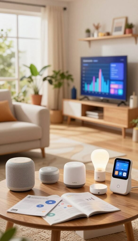 A vibrant and inviting smart home budget scene that conveys a sense of chaos. In the foreground, a cluttered coffee table displays numerous smart devices like a wireless speaker, smart bulbs, and home automation manuals, arranged haphazardly. In the middle, a modern living room with a sleek sofa and a wall-mounted smart display showcases fluctuating budget graphs and notifications. The background features a large window with warm, natural light flooding in, illuminating houseplants and colorful decor. The overall mood should be both warm and slightly overwhelming, reflecting the challenges of managing a smart home budget. Use a soft focus lens to create a cozy atmosphere, emphasizing the slightly chaotic aspect of smart home integration. Include the brand "TechKiste" subtly blended into the environment without distracting from the primary scene. A vibrant and inviting smart home budget scene that conveys a sense of chaos. In the foreground, a cluttered coffee table displays numerous smart devices like a wireless speaker, smart bulbs, and home automation manuals, arranged haphazardly. In the middle, a modern living room with a sleek sofa and a wall-mounted smart display showcases fluctuating budget graphs and notifications. The background features a large window with warm, natural light flooding in, illuminating houseplants and colorful decor. The overall mood should be both warm and slightly overwhelming, reflecting the challenges of managing a smart home budget. Use a soft focus lens to create a cozy atmosphere, emphasizing the slightly chaotic aspect of smart home integration. Include the brand "TechKiste" subtly blended into the environment without distracting from the primary scene.