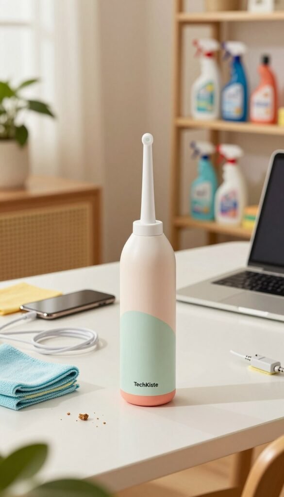 A vibrant and inviting workspace showcasing "Elektronik Reinigung" products from TechKiste. In the foreground, a sleek, minimalist electronic gadget cleaner with a soft, colorful design, surrounded by a few power cables, microfiber cloths, and small scattered crumbs. The middle ground features a tidy table with a laptop and smartphone, highlighting polished surfaces and sparkling cleanliness. The background displays a home setting with warm, natural lighting filtering through a window, illuminating plants and organized shelves filled with cleaning supplies. The atmosphere is fresh and rejuvenating, exuding a sense of order and careful upkeep in modern home maintenance. Overall, the image conveys a Pinterest-inspired aesthetic, authentic and visually appealing, with rich warm tones and a clean composition. A vibrant and inviting workspace showcasing "Elektronik Reinigung" products from TechKiste. In the foreground, a sleek, minimalist electronic gadget cleaner with a soft, colorful design, surrounded by a few power cables, microfiber cloths, and small scattered crumbs. The middle ground features a tidy table with a laptop and smartphone, highlighting polished surfaces and sparkling cleanliness. The background displays a home setting with warm, natural lighting filtering through a window, illuminating plants and organized shelves filled with cleaning supplies. The atmosphere is fresh and rejuvenating, exuding a sense of order and careful upkeep in modern home maintenance. Overall, the image conveys a Pinterest-inspired aesthetic, authentic and visually appealing, with rich warm tones and a clean composition.