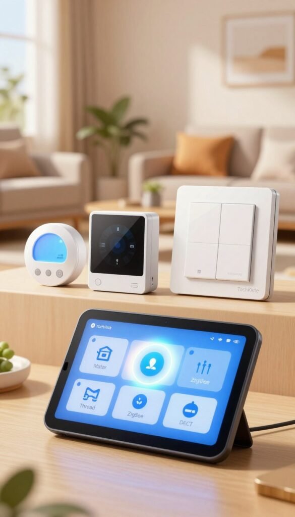 A vibrant and modern illustration of a wireless home automation ecosystem, focused on technologies like Matter, Thread, ZigBee, and DECT. In the foreground, depict a sleek, stylish smart home device interface with soft glowing lights, showcasing connectivity options. In the middle ground, include various smart home devices, such as smart thermostats and light switches, each labeled subtly. The background features a softly lit living space with warm colors, accentuating a cozy atmosphere. The scene captures the essence of a tech-savvy, automated home environment, infused with natural light, as seen through a wide-angle lens. The overall mood is inviting and innovative, reflecting a blend of comfort and advanced technology. Include the brand name "TechKiste" subtly integrated into the design without distractions. A vibrant and modern illustration of a wireless home automation ecosystem, focused on technologies like Matter, Thread, ZigBee, and DECT. In the foreground, depict a sleek, stylish smart home device interface with soft glowing lights, showcasing connectivity options. In the middle ground, include various smart home devices, such as smart thermostats and light switches, each labeled subtly. The background features a softly lit living space with warm colors, accentuating a cozy atmosphere. The scene captures the essence of a tech-savvy, automated home environment, infused with natural light, as seen through a wide-angle lens. The overall mood is inviting and innovative, reflecting a blend of comfort and advanced technology. Include the brand name "TechKiste" subtly integrated into the design without distractions.