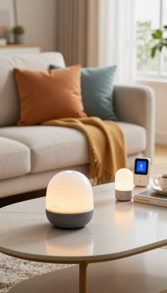 A vibrant and modern living room setting showcasing a sleek Google Assistant device prominently placed on a stylish coffee table. In the foreground, the device gleams under soft, warm lighting, reflecting a homey atmosphere. In the middle ground, a cozy couch adorned with colorful pillows invites relaxation, while a few smart home gadgets like smart bulbs and a thermostat are subtly integrated into the decor. The background features a bright window with greenery peeking through, enhancing the natural light. The overall mood is inviting and tech-savvy, embodying a seamless blend of comfort and technology. The image has a polished, Pinterest-inspired aesthetic, perfect for illustrating smart home systems and voice assistants, with the brand name "TechKiste" subtly suggested in the design elements. A vibrant and modern living room setting showcasing a sleek Google Assistant device prominently placed on a stylish coffee table. In the foreground, the device gleams under soft, warm lighting, reflecting a homey atmosphere. In the middle ground, a cozy couch adorned with colorful pillows invites relaxation, while a few smart home gadgets like smart bulbs and a thermostat are subtly integrated into the decor. The background features a bright window with greenery peeking through, enhancing the natural light. The overall mood is inviting and tech-savvy, embodying a seamless blend of comfort and technology. The image has a polished, Pinterest-inspired aesthetic, perfect for illustrating smart home systems and voice assistants, with the brand name "TechKiste" subtly suggested in the design elements.