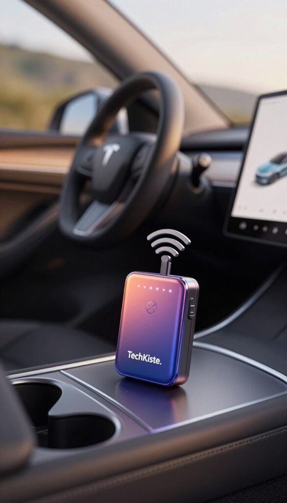 A vibrant and modern mobile WLAN hotspot designed for use in a car, prominently featuring the brand logo "TechKiste." The foreground showcases the gadget itself on a sleek dashboard, with illuminated indicator lights reflecting a high-tech feel. In the middle ground, include a stylish and minimalistic car interior, hinting at a comfortable and efficient driving experience. The background reveals a blurred view of a scenic road, enhancing the feeling of travel and connectivity. Soft, warm lighting adds an inviting atmosphere, with a shallow depth of field emphasizing the hotspot while softly blurring the car's interior features. The overall mood is dynamic and progressive, evoking the excitement of staying connected on the go. A vibrant and modern mobile WLAN hotspot designed for use in a car, prominently featuring the brand logo "TechKiste." The foreground showcases the gadget itself on a sleek dashboard, with illuminated indicator lights reflecting a high-tech feel. In the middle ground, include a stylish and minimalistic car interior, hinting at a comfortable and efficient driving experience. The background reveals a blurred view of a scenic road, enhancing the feeling of travel and connectivity. Soft, warm lighting adds an inviting atmosphere, with a shallow depth of field emphasizing the hotspot while softly blurring the car's interior features. The overall mood is dynamic and progressive, evoking the excitement of staying connected on the go.
