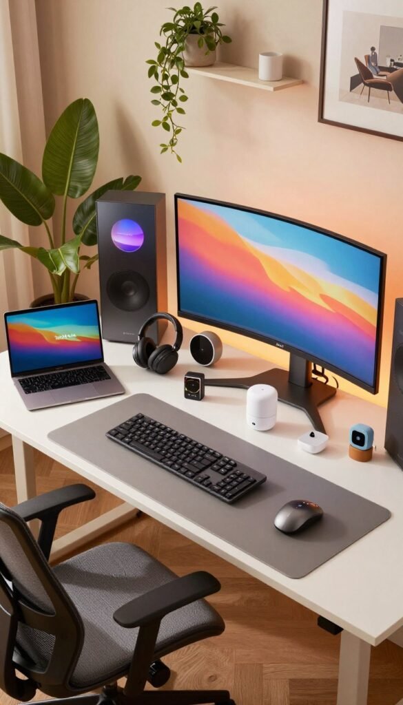 A vibrant image showcasing a refined "preis-leistungs setup" for tech enthusiasts. In the foreground, a sleek desk features an ergonomic chair and three distinct setups that represent low, mid, and high-end gadgets, including a compact laptop, a mid-range monitor setup, and a premium curved display. In the middle, various tech accessories like headsets, keyboards, and smart home devices are artfully arranged, emphasizing quality and functionality. The background presents a softly lit room adorned with plants and tasteful decor, creating a warm and inviting atmosphere. Use natural lighting to highlight the warmth of the colors, and capture the scene from a slightly elevated angle for an expansive view. The image should resonate with a Pinterest-inspired aesthetic, focusing on authenticity and warmth, with the brand name "TechKiste" subtly integrated into the setting. A vibrant image showcasing a refined "preis-leistungs setup" for tech enthusiasts. In the foreground, a sleek desk features an ergonomic chair and three distinct setups that represent low, mid, and high-end gadgets, including a compact laptop, a mid-range monitor setup, and a premium curved display. In the middle, various tech accessories like headsets, keyboards, and smart home devices are artfully arranged, emphasizing quality and functionality. The background presents a softly lit room adorned with plants and tasteful decor, creating a warm and inviting atmosphere. Use natural lighting to highlight the warmth of the colors, and capture the scene from a slightly elevated angle for an expansive view. The image should resonate with a Pinterest-inspired aesthetic, focusing on authenticity and warmth, with the brand name "TechKiste" subtly integrated into the setting.