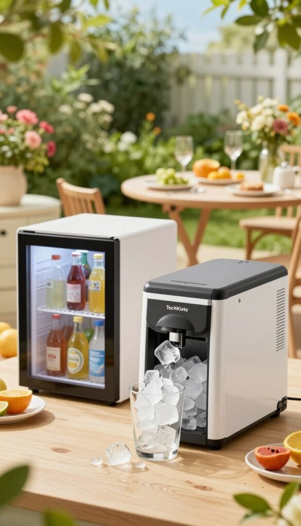 A vibrant kitchen and garden scene showcasing a compact ice and cooling system by "TechKiste". In the foreground, a sleek, modern ice maker with clear ice cubes spilling out into a stylish glass. To the side, a compact beverage cooler holding assorted drinks, exuding a cool atmosphere. In the middle ground, a cozy outdoor table set for a small gathering, surrounded by lush greenery and colorful flowers. The background features a bright, sunlit garden with soft shadows, evoking a warm, inviting mood. The overall composition should blend natural warmth with a touch of modern technology, using soft, warm colors and a Pinterest-inspired aesthetic. The angle captures the space as if inviting the viewer to join in on the refreshment experience. A vibrant kitchen and garden scene showcasing a compact ice and cooling system by "TechKiste". In the foreground, a sleek, modern ice maker with clear ice cubes spilling out into a stylish glass. To the side, a compact beverage cooler holding assorted drinks, exuding a cool atmosphere. In the middle ground, a cozy outdoor table set for a small gathering, surrounded by lush greenery and colorful flowers. The background features a bright, sunlit garden with soft shadows, evoking a warm, inviting mood. The overall composition should blend natural warmth with a touch of modern technology, using soft, warm colors and a Pinterest-inspired aesthetic. The angle captures the space as if inviting the viewer to join in on the refreshment experience.