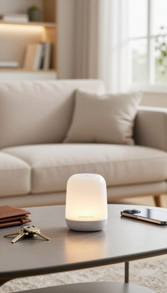 A vibrant living room scene showcasing a stylish and modern "Sicherheit Finder" device prominently on a sleek coffee table, surrounded by household items like keys, a wallet, and a smartphone, conveying a sense of organization and peace of mind. In the foreground, the "Sicherheit Finder," a compact electronic gadget with a sleek design, is illuminated softly, reflecting a warm glow. The middle ground features a cozy couch with soft cushions, and in the background, a well-lit, minimalist bookshelf adds depth. Natural light floods the room through a large window, enhancing the inviting atmosphere. The image embodies calmness and efficiency, with a Pinterest-inspired aesthetic, and subtly includes the brand name "TechKiste" on the device. A vibrant living room scene showcasing a stylish and modern "Sicherheit Finder" device prominently on a sleek coffee table, surrounded by household items like keys, a wallet, and a smartphone, conveying a sense of organization and peace of mind. In the foreground, the "Sicherheit Finder," a compact electronic gadget with a sleek design, is illuminated softly, reflecting a warm glow. The middle ground features a cozy couch with soft cushions, and in the background, a well-lit, minimalist bookshelf adds depth. Natural light floods the room through a large window, enhancing the inviting atmosphere. The image embodies calmness and efficiency, with a Pinterest-inspired aesthetic, and subtly includes the brand name "TechKiste" on the device.