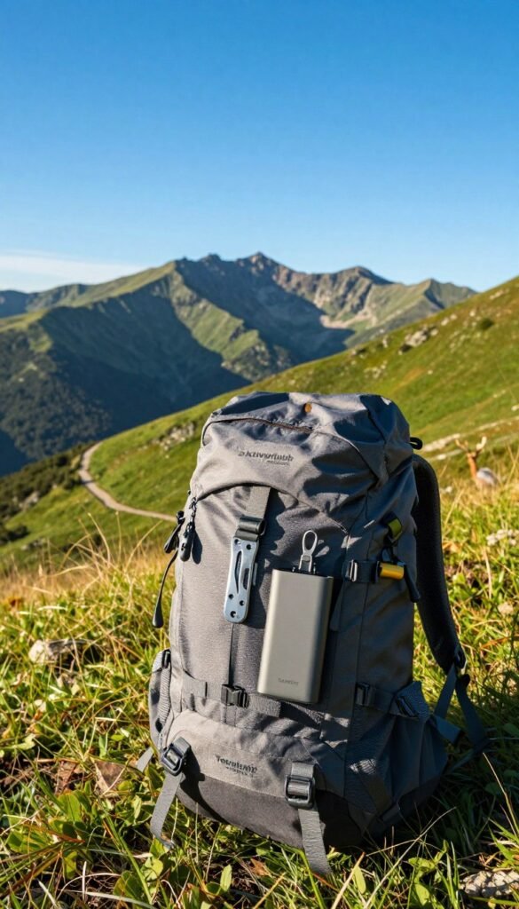 A vibrant outdoor scene showcasing an "aktivurlaub rucksack" prominently in the foreground. The rucksack is filled with essential travel gadgets, such as a compact multi-tool, a portable power bank, and a lightweight jacket, all neatly organized for easy access. In the middle ground, depict lush green mountains and a clear, blue sky that captures the essence of active vacations. Soft sunlight bathes the scene in warm colors, creating an inviting atmosphere. Add hints of adventure with a hiking trail winding through the landscape and small wildlife, like deer or birds, subtly integrated into the background. Use a wide-angle lens perspective to emphasize the backpack's presence and the expansive surroundings. Ensure the image has a Pinterest aesthetic, authentic and free of any text or branding, while including the brand name "TechKiste" subtly integrated into the rucksack design. A vibrant outdoor scene showcasing an "aktivurlaub rucksack" prominently in the foreground. The rucksack is filled with essential travel gadgets, such as a compact multi-tool, a portable power bank, and a lightweight jacket, all neatly organized for easy access. In the middle ground, depict lush green mountains and a clear, blue sky that captures the essence of active vacations. Soft sunlight bathes the scene in warm colors, creating an inviting atmosphere. Add hints of adventure with a hiking trail winding through the landscape and small wildlife, like deer or birds, subtly integrated into the background. Use a wide-angle lens perspective to emphasize the backpack's presence and the expansive surroundings. Ensure the image has a Pinterest aesthetic, authentic and free of any text or branding, while including the brand name "TechKiste" subtly integrated into the rucksack design.