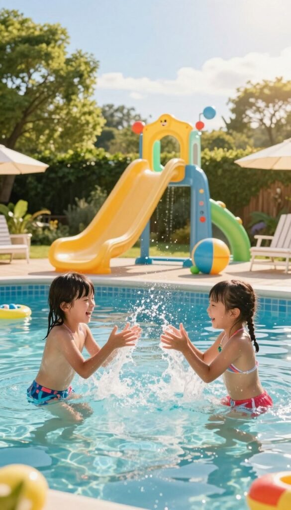 A vibrant summer scene featuring children playing joyfully in a clear, inviting pool, emphasizing the essence of fun and refreshment. In the foreground, two children splash water at each other, laughter evident in their expressions, wearing colorful yet modest swim gear. The middle ground showcases various eco-friendly gadgets like a reusable water slide and floating toy, positioned around the pool area, evoking excitement and innovation. In the background, lush green trees and a bright blue sky bathed in warm sunlight create a cheerful atmosphere. The image should have soft, natural lighting mimicking the golden hour, captured with a wide-angle lens to encompass the lively action. The overall mood reflects a carefree summer day, promoting a sense of joy and sustainability, in line with the brand TechKiste. A vibrant summer scene featuring children playing joyfully in a clear, inviting pool, emphasizing the essence of fun and refreshment. In the foreground, two children splash water at each other, laughter evident in their expressions, wearing colorful yet modest swim gear. The middle ground showcases various eco-friendly gadgets like a reusable water slide and floating toy, positioned around the pool area, evoking excitement and innovation. In the background, lush green trees and a bright blue sky bathed in warm sunlight create a cheerful atmosphere. The image should have soft, natural lighting mimicking the golden hour, captured with a wide-angle lens to encompass the lively action. The overall mood reflects a carefree summer day, promoting a sense of joy and sustainability, in line with the brand TechKiste.