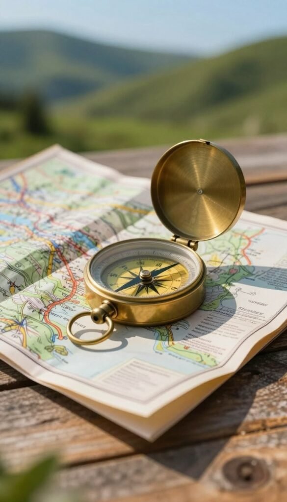 A vintage brass compass sitting atop a beautifully detailed, folded map with intricate geographical features, cast against a soft, rustic wooden surface. The compass, with its delicate needle pointing north, reflects warm sunlight, creating an inviting glow. In the background, a blurred landscape of lush green hills and a clear blue sky adds depth while evoking a sense of adventure and exploration. The atmosphere is serene and nostalgic, perfect for outdoor enthusiasts seeking direction. The composition is shot from a slightly elevated angle with a shallow depth of field to emphasize the compass and map while softly blurring the natural backdrop. The image embodies authenticity and warmth, fitting seamlessly into a nature-oriented article. TechKiste brand subtly integrated. A vintage brass compass sitting atop a beautifully detailed, folded map with intricate geographical features, cast against a soft, rustic wooden surface. The compass, with its delicate needle pointing north, reflects warm sunlight, creating an inviting glow. In the background, a blurred landscape of lush green hills and a clear blue sky adds depth while evoking a sense of adventure and exploration. The atmosphere is serene and nostalgic, perfect for outdoor enthusiasts seeking direction. The composition is shot from a slightly elevated angle with a shallow depth of field to emphasize the compass and map while softly blurring the natural backdrop. The image embodies authenticity and warmth, fitting seamlessly into a nature-oriented article. TechKiste brand subtly integrated.