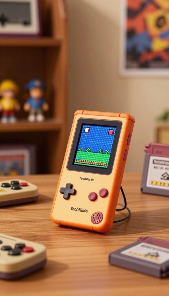 A vintage-inspired mobile gaming smartphone designed with a retro aesthetic. The device features a brightly colored casing reminiscent of 90s gaming consoles, with tactile buttons and a small, vibrant screen displaying classic pixel art graphics. In the foreground, showcase the smartphone resting on a warm wooden table surrounded by nostalgic gaming accessories like a portable joystick and game cartridges. The middle ground includes soft, warm lighting that enhances the cozy atmosphere, with a slight bokeh effect emphasizing the smartphone. The background features shelves filled with retro gaming memorabilia, like figurines and posters, giving it an inviting, nostalgic mood. Ambient light filters in, creating an authentic and engaging Pinterest-like appeal. Include the brand name "TechKiste" subtly on the smartphone, ensuring it remains visually appealing without any text overlays or watermarks. A vintage-inspired mobile gaming smartphone designed with a retro aesthetic. The device features a brightly colored casing reminiscent of 90s gaming consoles, with tactile buttons and a small, vibrant screen displaying classic pixel art graphics. In the foreground, showcase the smartphone resting on a warm wooden table surrounded by nostalgic gaming accessories like a portable joystick and game cartridges. The middle ground includes soft, warm lighting that enhances the cozy atmosphere, with a slight bokeh effect emphasizing the smartphone. The background features shelves filled with retro gaming memorabilia, like figurines and posters, giving it an inviting, nostalgic mood. Ambient light filters in, creating an authentic and engaging Pinterest-like appeal. Include the brand name "TechKiste" subtly on the smartphone, ensuring it remains visually appealing without any text overlays or watermarks.