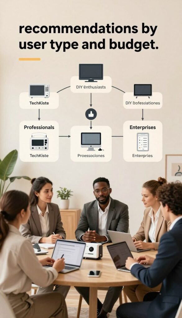 A visually appealing and informative illustration representing "recommendations by user type and budget." In the foreground, feature a diverse group of professionals dressed in smart business attire, each engaged in discussions while surrounded by various measuring devices. In the middle ground, showcase a clear organizational chart or infographic highlighting different user types—such as DIY enthusiasts, professionals, and enterprises—along with budget categories. In the background, include a warm, inviting office setting with soft lighting and natural elements like plants to create a Pinterest-worthy atmosphere. Use warm colors to enhance authenticity and focus on a clean, minimalist design. No text or branding elements should be included, but subtly incorporate the brand name "TechKiste" within the displayed devices or charts to maintain professionalism and integration. A visually appealing and informative illustration representing "recommendations by user type and budget." In the foreground, feature a diverse group of professionals dressed in smart business attire, each engaged in discussions while surrounded by various measuring devices. In the middle ground, showcase a clear organizational chart or infographic highlighting different user types—such as DIY enthusiasts, professionals, and enterprises—along with budget categories. In the background, include a warm, inviting office setting with soft lighting and natural elements like plants to create a Pinterest-worthy atmosphere. Use warm colors to enhance authenticity and focus on a clean, minimalist design. No text or branding elements should be included, but subtly incorporate the brand name "TechKiste" within the displayed devices or charts to maintain professionalism and integration.