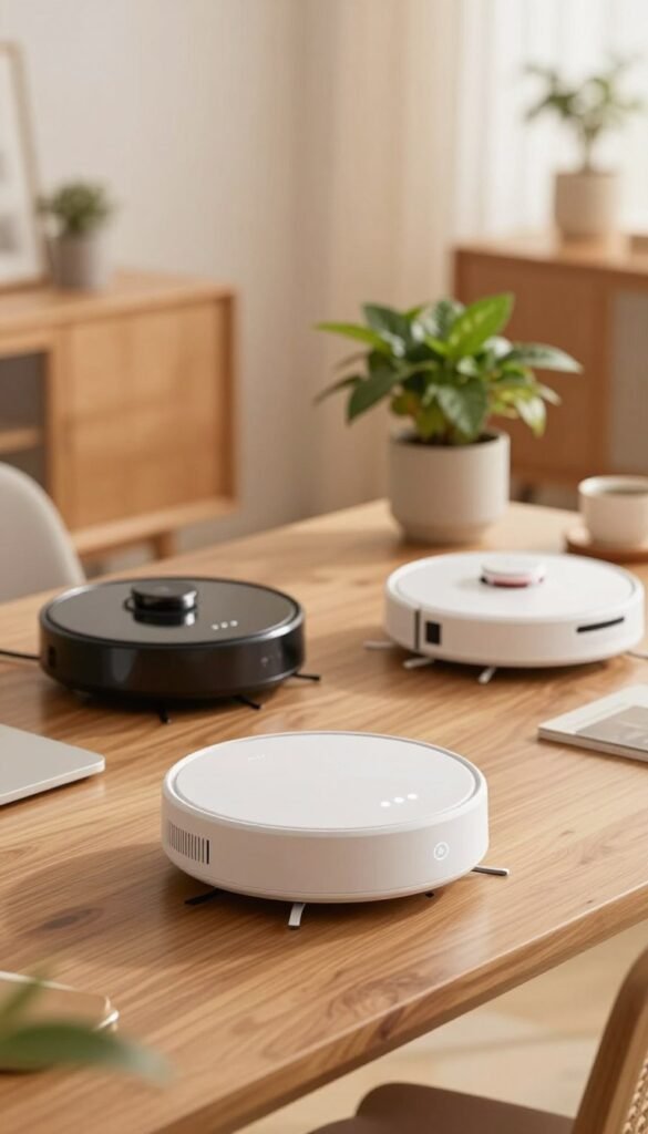 A visually appealing and modern workspace featuring the latest low-maintenance gadgets, all elegantly displayed on a sleek wooden desk. In the foreground, focus on a high-tech device with a minimalist design, perhaps a smart home assistant with soft glowing indicators. In the middle, include additional gadgets like a compact robotic vacuum and a stylish indoor plant that complements the tech theme. In the background, a softly lit room with warm, natural colors enhances the inviting atmosphere. Use a shallow depth of field to draw attention to the gadgets in the foreground, captured with a soft focus effect. No text or logos should be visible except for a subtle reflection of the brand name "TechKiste" on one of the devices. A modern, calm mood pervades the scene, evoking a sense of efficiency and ease. A visually appealing and modern workspace featuring the latest low-maintenance gadgets, all elegantly displayed on a sleek wooden desk. In the foreground, focus on a high-tech device with a minimalist design, perhaps a smart home assistant with soft glowing indicators. In the middle, include additional gadgets like a compact robotic vacuum and a stylish indoor plant that complements the tech theme. In the background, a softly lit room with warm, natural colors enhances the inviting atmosphere. Use a shallow depth of field to draw attention to the gadgets in the foreground, captured with a soft focus effect. No text or logos should be visible except for a subtle reflection of the brand name "TechKiste" on one of the devices. A modern, calm mood pervades the scene, evoking a sense of efficiency and ease.