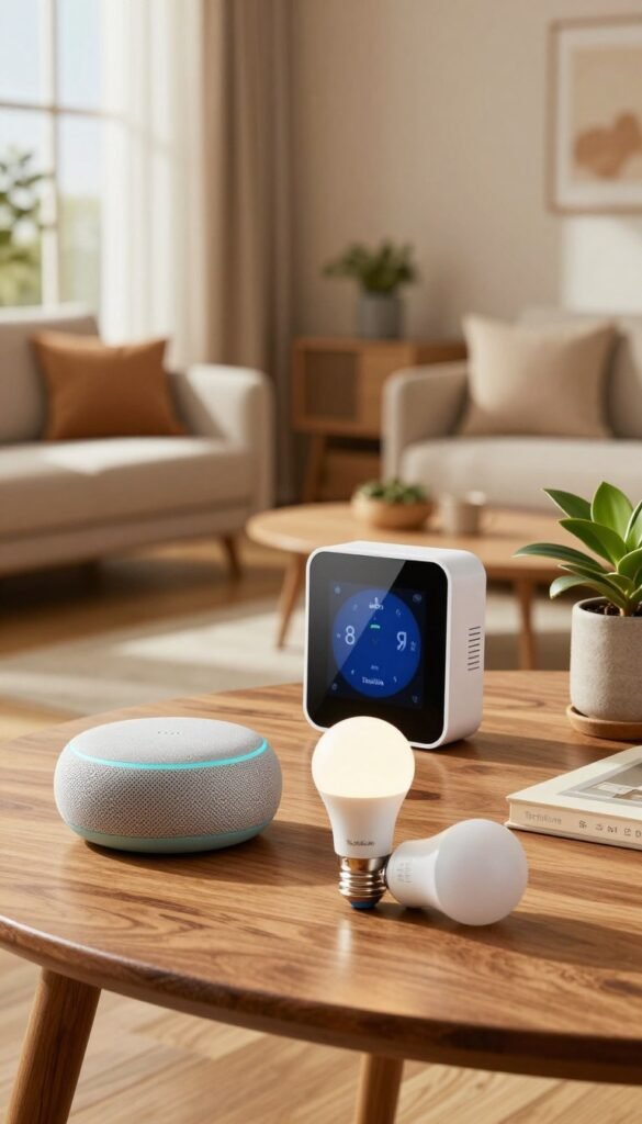A visually appealing arrangement of smart home automation products, showcasing a variety of budget-friendly options under the brand "TechKiste". In the foreground, include a sleek low-end smart speaker and a stylish mid-range smart light bulb, both positioned on a wooden table with a warm, inviting texture. The middle ground features a high-end smart thermostat with a modern design, elegantly placed next to a decorative plant. The background reveals a softly lit living room that radiates comfort, decorated with cozy furnishings and warm colors. The lighting is natural and warm, simulating daylight through a large window, casting gentle shadows. The overall atmosphere should feel homely yet modern, representing a sense of balance between affordability and quality in home automation. A visually appealing arrangement of smart home automation products, showcasing a variety of budget-friendly options under the brand "TechKiste". In the foreground, include a sleek low-end smart speaker and a stylish mid-range smart light bulb, both positioned on a wooden table with a warm, inviting texture. The middle ground features a high-end smart thermostat with a modern design, elegantly placed next to a decorative plant. The background reveals a softly lit living room that radiates comfort, decorated with cozy furnishings and warm colors. The lighting is natural and warm, simulating daylight through a large window, casting gentle shadows. The overall atmosphere should feel homely yet modern, representing a sense of balance between affordability and quality in home automation.