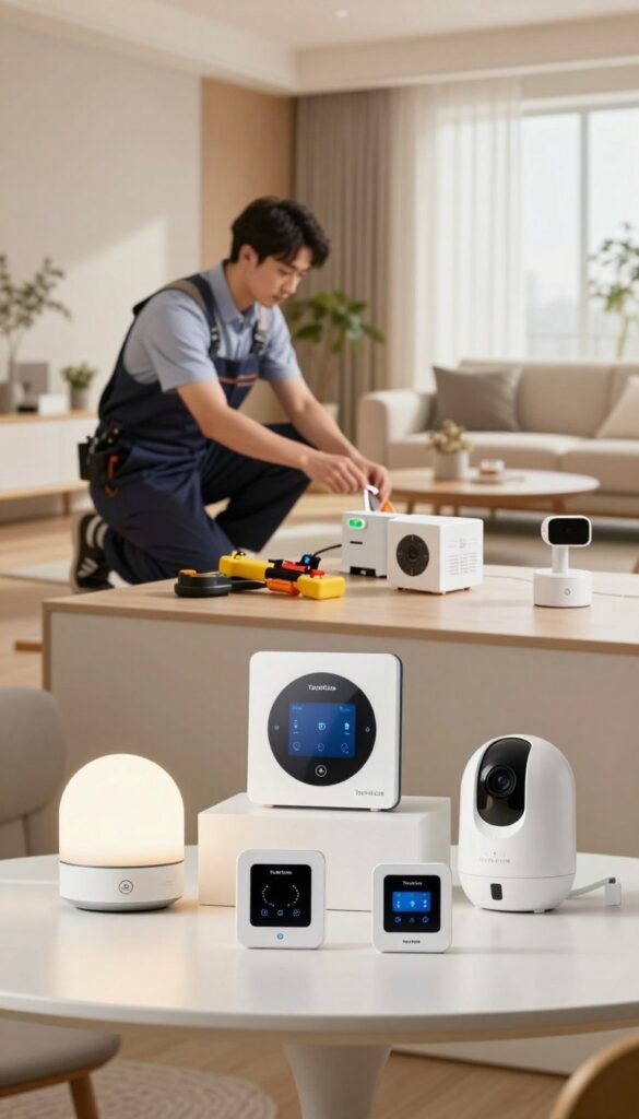 A visually appealing comparison of smart home system types, featuring a stylish, modern living room as the foreground. Include a sleek, minimalistic display table showcasing various smart home devices like programmable thermostats, smart lights, and security cameras. In the middle ground, depict a professional installation setup with tools and a technician in business attire carefully connecting devices. The background should include a cozy, well-lit living space with warm colors, emphasizing a smart home environment. Utilize soft, natural lighting to create an inviting atmosphere. Capture the essence of innovation and functionality, while incorporating a subtle brand presence of "TechKiste" within the product displays. The composition should inspire a sense of reliability and professionalism in smart home technology integration.