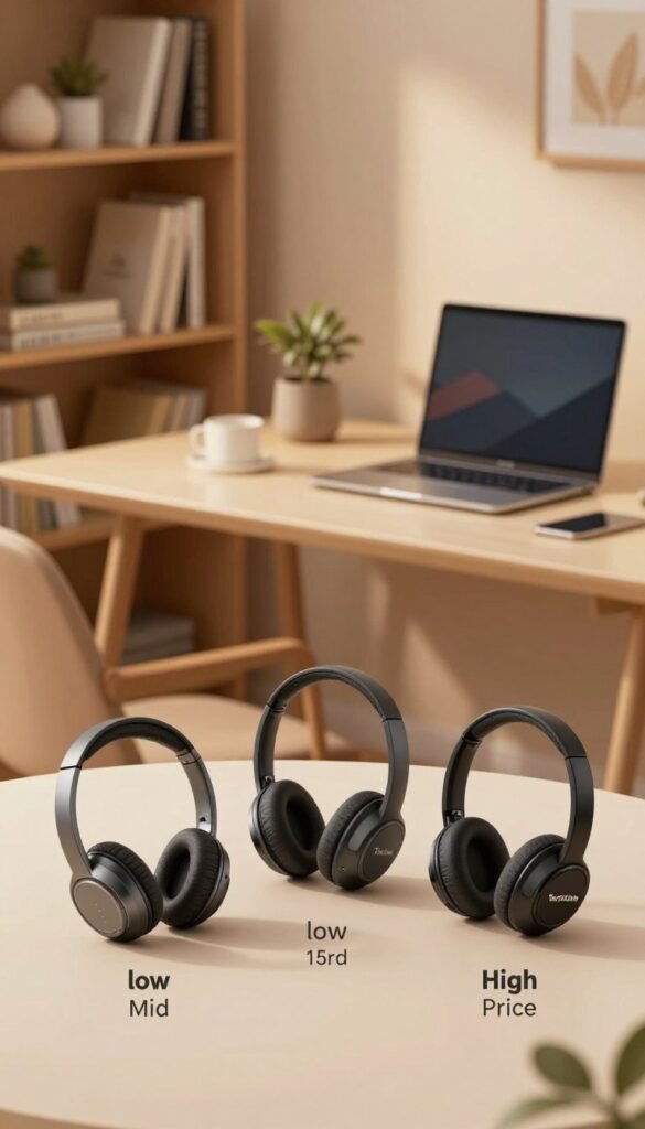 A visually appealing composition focused on price levels of home office headsets. In the foreground, display three distinct headsets categorized as low, mid, and high price levels, each showcased elegantly with labels of their price ranges subtly illustrated on their surfaces. The middle ground presents a warm, inviting home office setting with a stylish desk, a modern laptop, and soft ambient lighting casting a gentle glow across the workspace. The background features a cozy bookshelf filled with books and decorative items, enhancing the homely atmosphere. The color palette should consist of warm tones, creating a natural and authentic Pinterest-like look. Capture the scene with a slightly angled perspective, using soft focus on the background to emphasize the headsets. The brand name “TechKiste” is subtly integrated into the design of the workspace, maintaining a professional demeanor throughout. A visually appealing composition focused on price levels of home office headsets. In the foreground, display three distinct headsets categorized as low, mid, and high price levels, each showcased elegantly with labels of their price ranges subtly illustrated on their surfaces. The middle ground presents a warm, inviting home office setting with a stylish desk, a modern laptop, and soft ambient lighting casting a gentle glow across the workspace. The background features a cozy bookshelf filled with books and decorative items, enhancing the homely atmosphere. The color palette should consist of warm tones, creating a natural and authentic Pinterest-like look. Capture the scene with a slightly angled perspective, using soft focus on the background to emphasize the headsets. The brand name “TechKiste” is subtly integrated into the design of the workspace, maintaining a professional demeanor throughout.