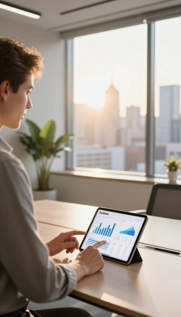 A visually appealing composition showcasing a business professional discussing cost packages in a modern office setting. In the foreground, a well-dressed individual in smart business attire stands beside a sleek conference table, gesturing towards a digital tablet displaying financial graphs and budget plans. In the middle ground, a large window reveals a bright, urban skyline filled with warm sunlight filtering through, creating an inviting atmosphere. The background features minimalistic decor and soft greenery, contributing to a Pinterest-inspired aesthetic. The color palette includes warm, natural hues to evoke a feeling of authenticity and approachability. This image also prominently includes the brand name "TechKiste" on the tablet screen. The angle is slightly elevated, giving a dynamic perspective while maintaining a professional atmosphere. A visually appealing composition showcasing a business professional discussing cost packages in a modern office setting. In the foreground, a well-dressed individual in smart business attire stands beside a sleek conference table, gesturing towards a digital tablet displaying financial graphs and budget plans. In the middle ground, a large window reveals a bright, urban skyline filled with warm sunlight filtering through, creating an inviting atmosphere. The background features minimalistic decor and soft greenery, contributing to a Pinterest-inspired aesthetic. The color palette includes warm, natural hues to evoke a feeling of authenticity and approachability. This image also prominently includes the brand name "TechKiste" on the tablet screen. The angle is slightly elevated, giving a dynamic perspective while maintaining a professional atmosphere.