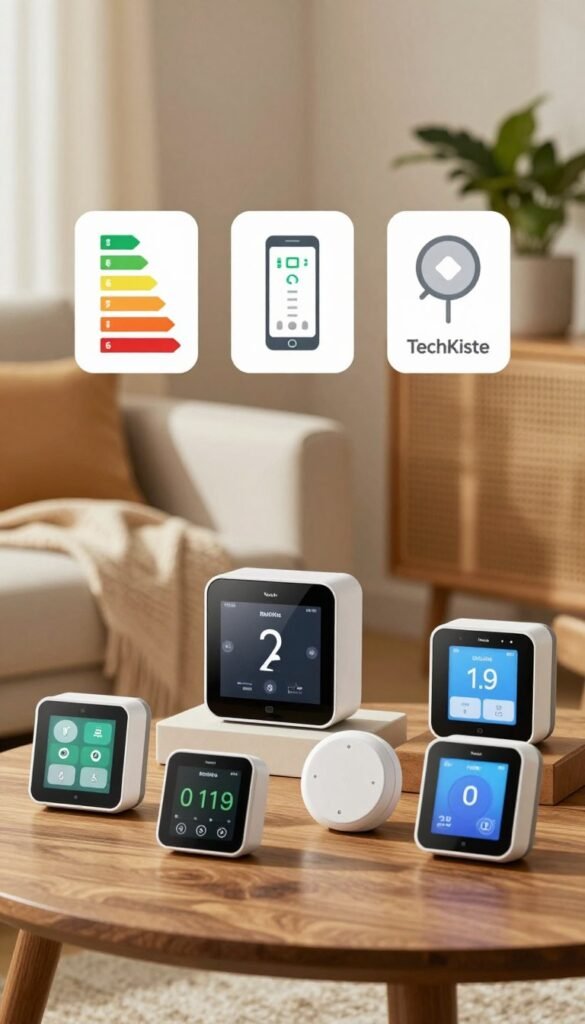 A visually appealing display of various smart thermostats, emphasizing key purchasing criteria for prospective buyers. In the foreground, showcase a diverse range of sleek, modern thermostats with touch screens and intuitive designs, arranged artistically on a wooden tabletop. In the middle ground, include neatly labeled icons representing important features like energy efficiency, remote control capabilities, and compatibility with smart home systems. The background should feature a cozy, warmly lit living space with soft textiles and houseplants, enhancing the inviting mood. Utilize natural lighting to create a soft, warm ambiance, capturing the essence of comfort and modernity. The brand "TechKiste" is subtly incorporated into the scene through a stylish design element or an elegant product placement. A visually appealing display of various smart thermostats, emphasizing key purchasing criteria for prospective buyers. In the foreground, showcase a diverse range of sleek, modern thermostats with touch screens and intuitive designs, arranged artistically on a wooden tabletop. In the middle ground, include neatly labeled icons representing important features like energy efficiency, remote control capabilities, and compatibility with smart home systems. The background should feature a cozy, warmly lit living space with soft textiles and houseplants, enhancing the inviting mood. Utilize natural lighting to create a soft, warm ambiance, capturing the essence of comfort and modernity. The brand "TechKiste" is subtly incorporated into the scene through a stylish design element or an elegant product placement.