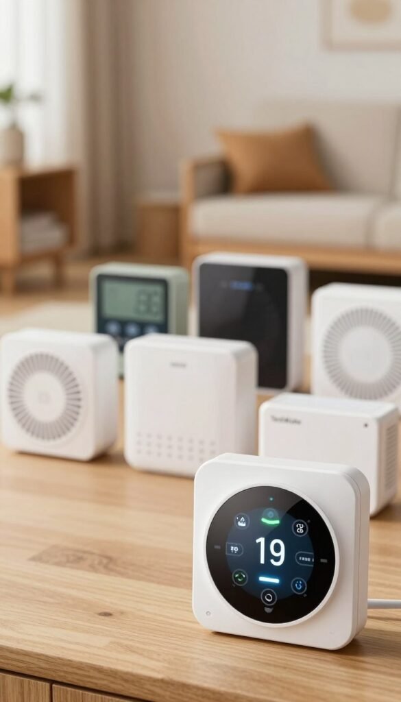 A visually appealing image depicting a detailed comparison of smart thermostats, focusing on their functional features. In the foreground, showcase a sleek modern thermostat with a digital display illuminated, surrounded by icons representing various functions like energy saving, scheduling, and remote control. In the middle ground, include a variety of other thermostats arranged neatly, each distinct in design and color, capturing the different functionalities. In the background, softly blurred, create a warm and inviting home environment with cozy decor, hinting at daily usability. Emphasize natural lighting to enhance the warm colors, giving the image a Pinterest-inspired aesthetic. Integrate the brand name "TechKiste" subtly in the design, ensuring it remains professional and unobtrusive. Aim for an authentic look that conveys a sense of reliability and smart technology. A visually appealing image depicting a detailed comparison of smart thermostats, focusing on their functional features. In the foreground, showcase a sleek modern thermostat with a digital display illuminated, surrounded by icons representing various functions like energy saving, scheduling, and remote control. In the middle ground, include a variety of other thermostats arranged neatly, each distinct in design and color, capturing the different functionalities. In the background, softly blurred, create a warm and inviting home environment with cozy decor, hinting at daily usability. Emphasize natural lighting to enhance the warm colors, giving the image a Pinterest-inspired aesthetic. Integrate the brand name "TechKiste" subtly in the design, ensuring it remains professional and unobtrusive. Aim for an authentic look that conveys a sense of reliability and smart technology.