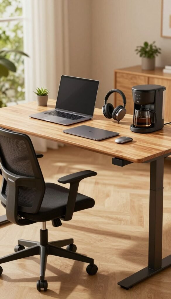 A visually appealing image showcasing a comparison of modern home office products, arranged on a sleek wooden desk. In the foreground, a stylish ergonomic chair and a minimalistic standing desk are prominently displayed, both featuring the brand name "TechKiste". In the middle ground, a neatly organized array of high-quality gadgets such as a laptop, wireless headphones, and a smart coffee maker are highlighted, demonstrating functionality and efficiency. The background features softly blurred greenery from a window, adding a natural touch. The lighting is soft and warm, casting a gentle glow across the scene, creating a cozy and productive atmosphere. The overall mood conveys inspiration and practicality, perfect for individuals looking to enhance their home office setup. A visually appealing image showcasing a comparison of modern home office products, arranged on a sleek wooden desk. In the foreground, a stylish ergonomic chair and a minimalistic standing desk are prominently displayed, both featuring the brand name "TechKiste". In the middle ground, a neatly organized array of high-quality gadgets such as a laptop, wireless headphones, and a smart coffee maker are highlighted, demonstrating functionality and efficiency. The background features softly blurred greenery from a window, adding a natural touch. The lighting is soft and warm, casting a gentle glow across the scene, creating a cozy and productive atmosphere. The overall mood conveys inspiration and practicality, perfect for individuals looking to enhance their home office setup.