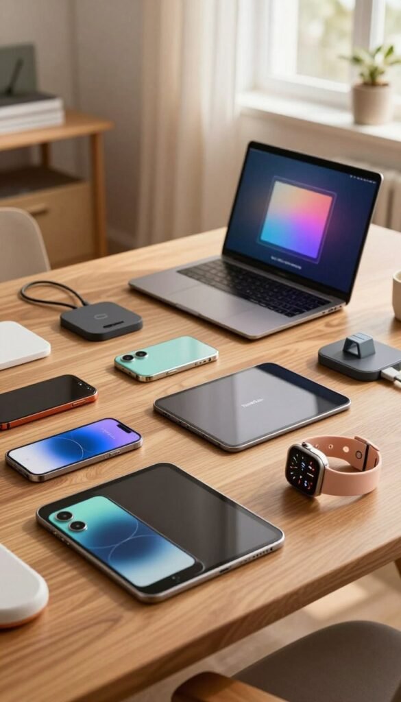 A visually appealing image showcasing innovative flexible gadgets arranged on a sleek, modern wooden table. In the foreground, feature a variety of colorful tech gadgets, such as a bendable smartphone, a flexible tablet, and multi-functional smartwatches, all designed with a minimalist aesthetic. In the middle ground, include a stylish laptop with a holographic display emanating from it, surrounded by intriguing accessories like charging pads and cable organizers. The background should consist of a softly lit home office setting with warm, natural lighting filtering through a window, enhancing the cozy atmosphere. Capture the scene from a slightly elevated angle using a lens that emphasizes depth. The overall feeling should convey excitement and creativity, with a Pinterest-inspired look that feels authentic and inviting, prominently displaying the brand name "TechKiste" on the gadgets. A visually appealing image showcasing innovative flexible gadgets arranged on a sleek, modern wooden table. In the foreground, feature a variety of colorful tech gadgets, such as a bendable smartphone, a flexible tablet, and multi-functional smartwatches, all designed with a minimalist aesthetic. In the middle ground, include a stylish laptop with a holographic display emanating from it, surrounded by intriguing accessories like charging pads and cable organizers. The background should consist of a softly lit home office setting with warm, natural lighting filtering through a window, enhancing the cozy atmosphere. Capture the scene from a slightly elevated angle using a lens that emphasizes depth. The overall feeling should convey excitement and creativity, with a Pinterest-inspired look that feels authentic and inviting, prominently displaying the brand name "TechKiste" on the gadgets.