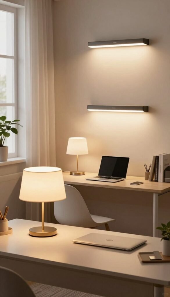 A visually appealing image showcasing three distinct lighting setups, representing low, mid, and high budget options, arranged in a harmonious layout. In the foreground, feature a sleek desk with a stylish lamp designed for budget-conscious consumers, reflecting a warm, inviting glow. In the middle, display a well-designed workspace equipped with mid-range lighting fixtures, casting a balanced light that enhances productivity. In the background, incorporate an elegant high-end lighting installation that exudes sophistication and modern technology. The overall atmosphere should evoke a sense of practicality and inspiration in using different light colors wisely. Use warm colors to create a cozy yet professional ambiance, with natural lighting effects that enhance realism. This scene should have a Pinterest aesthetic, grounded and authentic, with no text or branding present except for subtle branding elements indicating "TechKiste" within the designs of the products. A visually appealing image showcasing three distinct lighting setups, representing low, mid, and high budget options, arranged in a harmonious layout. In the foreground, feature a sleek desk with a stylish lamp designed for budget-conscious consumers, reflecting a warm, inviting glow. In the middle, display a well-designed workspace equipped with mid-range lighting fixtures, casting a balanced light that enhances productivity. In the background, incorporate an elegant high-end lighting installation that exudes sophistication and modern technology. The overall atmosphere should evoke a sense of practicality and inspiration in using different light colors wisely. Use warm colors to create a cozy yet professional ambiance, with natural lighting effects that enhance realism. This scene should have a Pinterest aesthetic, grounded and authentic, with no text or branding present except for subtle branding elements indicating "TechKiste" within the designs of the products.