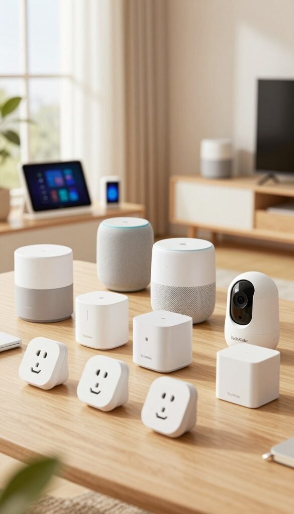 A visually appealing indoor space showcasing a variety of smart home components suitable for different budget categories: low, mid, and high. In the foreground, neatly arranged are low-budget devices like smart plugs and simple sensors, with mid-budget items such as smart speakers and security cameras in the middle ground. The background features high-budget products, including sleek smart displays and advanced home automation systems. The setting is well-lit with warm, natural light streaming through a window, creating an inviting atmosphere. The color palette should be soft and cozy, resembling a Pinterest-worthy interior design, emphasizing authenticity and homeliness. Include subtle branding elements of "TechKiste" integrated within the devices. No text, captions, or watermarks present.