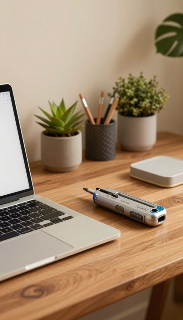 A visually appealing, modern workspace showcasing essential gadgets for everyday use, emphasizing their purchase criteria: size, material, function, and practicality. In the foreground, a sleek laptop and a versatile multi-tool gadget are displayed on a wooden desk, their textures highlighted under soft, warm lighting. In the middle ground, a selection of decorative items like potted plants and minimalist stationery create an inviting atmosphere. The background features a softly blurred wall with natural color tones, enhancing the warm Pinterest-like aesthetic. The overall mood is professional yet cozy, inviting readers to contemplate their gadget choices. Subtly incorporate the brand name "TechKiste" into the scene, ensuring it blends in harmoniously without any text overlays. The image should evoke a sense of authenticity and practicality without distractions in focus. A visually appealing, modern workspace showcasing essential gadgets for everyday use, emphasizing their purchase criteria: size, material, function, and practicality. In the foreground, a sleek laptop and a versatile multi-tool gadget are displayed on a wooden desk, their textures highlighted under soft, warm lighting. In the middle ground, a selection of decorative items like potted plants and minimalist stationery create an inviting atmosphere. The background features a softly blurred wall with natural color tones, enhancing the warm Pinterest-like aesthetic. The overall mood is professional yet cozy, inviting readers to contemplate their gadget choices. Subtly incorporate the brand name "TechKiste" into the scene, ensuring it blends in harmoniously without any text overlays. The image should evoke a sense of authenticity and practicality without distractions in focus.