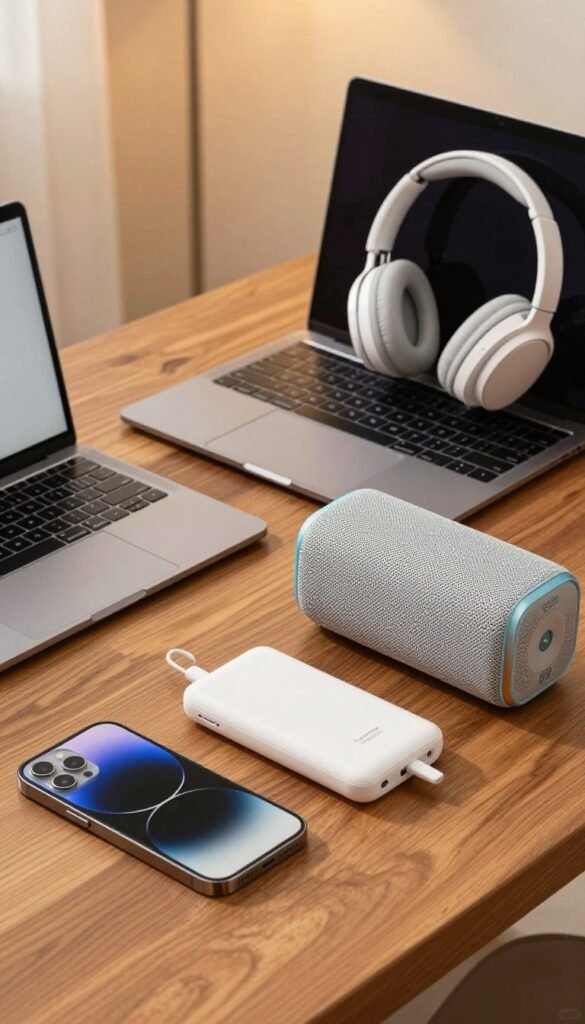 A visually appealing overview of various battery-operated gadgets, arranged neatly on a wooden table. In the foreground, a sleek smartphone, a compact power bank, and a high-tech wireless speaker showcase their features with vibrant colors. In the middle ground, an ergonomic laptop and futuristic headphones add to the collection, each reflecting modern design and usability. The background features soft, warm lighting that creates a welcoming atmosphere, enhancing the ambience. The scene captures a Pinterest-inspired aesthetic with natural tones, evoking a sense of comfort and innovation. The brand name "TechKiste" is subtly implied through the design elements of the gadgets. The overall mood is inviting, showcasing how these devices solve space and convenience issues effectively. A visually appealing overview of various battery-operated gadgets, arranged neatly on a wooden table. In the foreground, a sleek smartphone, a compact power bank, and a high-tech wireless speaker showcase their features with vibrant colors. In the middle ground, an ergonomic laptop and futuristic headphones add to the collection, each reflecting modern design and usability. The background features soft, warm lighting that creates a welcoming atmosphere, enhancing the ambience. The scene captures a Pinterest-inspired aesthetic with natural tones, evoking a sense of comfort and innovation. The brand name "TechKiste" is subtly implied through the design elements of the gadgets. The overall mood is inviting, showcasing how these devices solve space and convenience issues effectively.