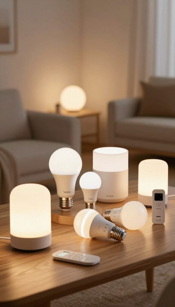 A visually appealing product overview of smart home lighting solutions, featuring an array of energy-efficient LED light bulbs, smart lighting fixtures, and remote-controlled lamps. In the foreground, display a sleek modern lamp with a warm glow, emphasizing its versatility. In the middle, show various product types like recessed lights, smart bulbs, and motion sensor lamps arranged aesthetically on a wooden table, with soft shadows indicating a cozy atmosphere. The background should have a softly lit living room setting that evokes comfort and innovation, with neutral tones and minimalist decor. The scene should be naturally lit with warm colors, resembling a Pinterest aesthetic, creating an inviting and authentic look. Brand name "TechKiste" should be subtly integrated into the design without any text or overlays.