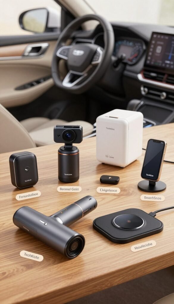 A visually appealing selection of seven automotive gadgets laid out on a sleek wooden table, showcasing products like a portable car vacuum, wireless charging pad, dashboard camera, mini fridge, and a premium dash mount. The foreground features a close-up of the vacuum and the charging pad, emphasizing their modern design, while the middle presents the other gadgets arranged neatly, each labeled with elegant, understated tags that highlight their unique benefits. In the background, a softly blurred interior of a well-lit car enhances the automotive theme. The warm colors create a welcoming, authentic atmosphere inspired by Pinterest aesthetics, emphasizing practicality and user-friendliness. The brand name "TechKiste" subtly integrated into the scene without any text. The image captures a sense of thoughtful selection, utilizing soft, natural light to evoke a professional and inviting mood. A visually appealing selection of seven automotive gadgets laid out on a sleek wooden table, showcasing products like a portable car vacuum, wireless charging pad, dashboard camera, mini fridge, and a premium dash mount. The foreground features a close-up of the vacuum and the charging pad, emphasizing their modern design, while the middle presents the other gadgets arranged neatly, each labeled with elegant, understated tags that highlight their unique benefits. In the background, a softly blurred interior of a well-lit car enhances the automotive theme. The warm colors create a welcoming, authentic atmosphere inspired by Pinterest aesthetics, emphasizing practicality and user-friendliness. The brand name "TechKiste" subtly integrated into the scene without any text. The image captures a sense of thoughtful selection, utilizing soft, natural light to evoke a professional and inviting mood.
