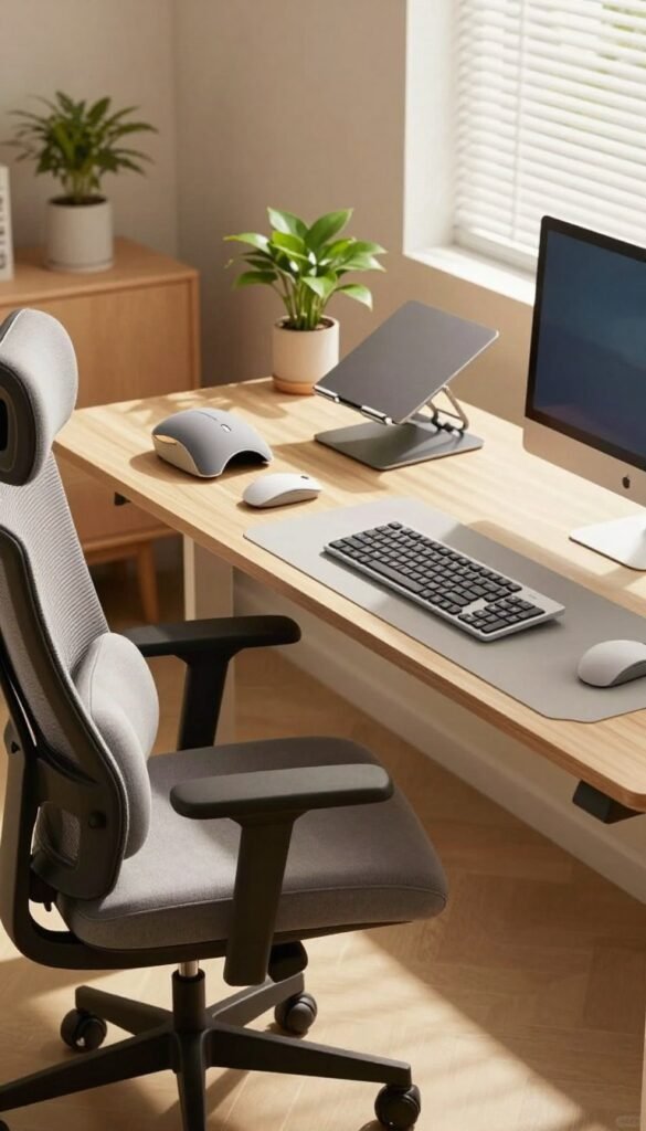A visually appealing workspace featuring a comparison of ergonomic gadgets suitable for office setups. In the foreground, an ergonomic chair and adjustable desk display a modern design, with plush cushions and a sleek keyboard. The middle ground showcases a variety of ergonomic tools, including a vertical mouse, a laptop stand, and a wrist support, all neatly arranged. Soft, natural lighting illuminates the scene, creating a warm and inviting atmosphere, accentuated by earthy tones and gentle shadows. The background reveals a cozy office environment with plants and a window letting in sunlight, enhancing the overall Pinterest-like aesthetic. Brand elements subtly indicating "TechKiste" are integrated within the scene, conveying a sense of innovation without overt branding. A visually appealing workspace featuring a comparison of ergonomic gadgets suitable for office setups. In the foreground, an ergonomic chair and adjustable desk display a modern design, with plush cushions and a sleek keyboard. The middle ground showcases a variety of ergonomic tools, including a vertical mouse, a laptop stand, and a wrist support, all neatly arranged. Soft, natural lighting illuminates the scene, creating a warm and inviting atmosphere, accentuated by earthy tones and gentle shadows. The background reveals a cozy office environment with plants and a window letting in sunlight, enhancing the overall Pinterest-like aesthetic. Brand elements subtly indicating "TechKiste" are integrated within the scene, conveying a sense of innovation without overt branding.