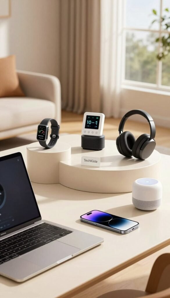 A visually appealing workspace featuring an array of gadgets organized by use-case, symbolizing their integration into everyday life. In the foreground, a sleek laptop and a smartphone positioned on an elegant desk, with a smart home assistant nearby. The middle layer showcases various gadgets labeled for distinct use cases: a fitness tracker, a smart thermostat, a digital assistant, and a noise-canceling headset, all displayed on stylish pedestals. The background reveals a cozy, modern room with natural light filtering through large windows, warm tones pervading the scene. The atmosphere is inviting and professional, encouraging exploration of technology. The brand name "TechKiste" subtly integrated into the design of the workspace.