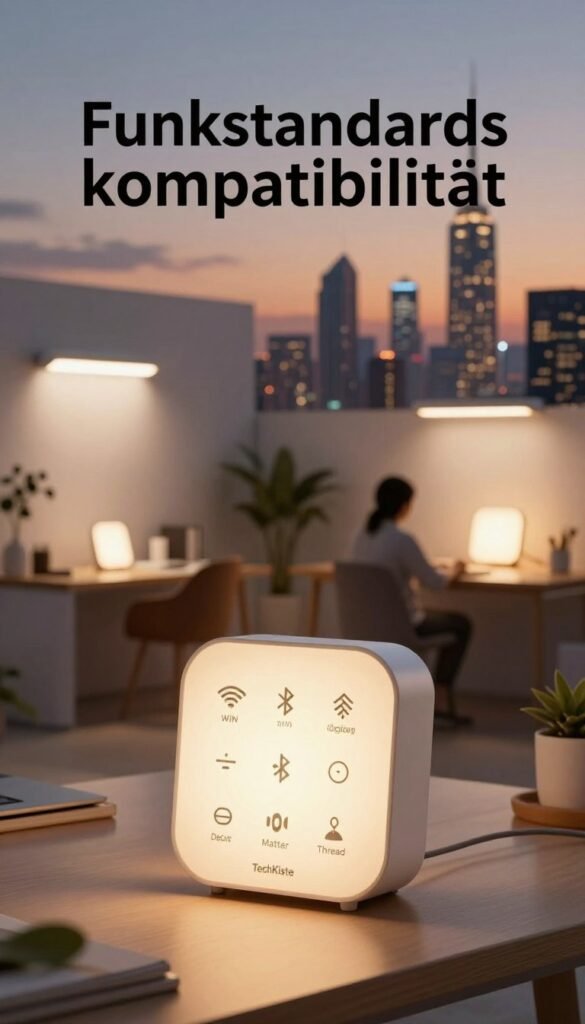 A visually compelling and informative scene highlighting the concept of "Funkstandards kompatibilit&auml;t" in smart lighting technology. In the foreground, showcase a sleek modern device featuring various icons representing WLAN, Bluetooth, Zigbee, DECT, and Matter/Thread standards, surrounded by a warm, inviting glow. The middle ground should depict an open workspace with advanced smart lighting fixtures casting soft, diffused light, creating an atmosphere conducive to focus and creativity. The background features a futuristic city skyline with a twilight sky, blending organic and technological elements harmoniously. The overall mood is professional yet approachable, embodying innovation and connectivity. The image reflects a Pinterest-inspired aesthetic with warm colors and natural imagery. The brand name "TechKiste" should subtly be integrated into the design of the device without text overlays.
