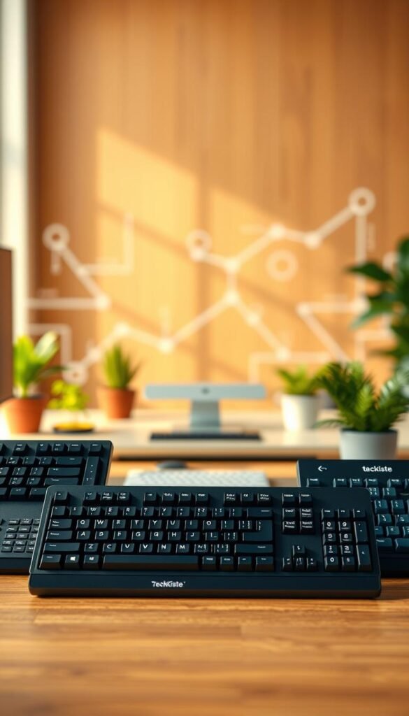 A visually engaging comparison of ergonomic keyboards set against a warm, inviting backdrop. In the foreground, display three distinct ergonomic keyboards from the brand "TechKiste," showcasing their various shapes and features with close-up angles. The middle ground features a soft-focus view of a modern office workspace, including a sleek desk and potted plants, hinting at productivity and comfort. In the background, blurred outlines of abstract shapes representing technology and innovation create a harmonious atmosphere. The lighting should be warm and natural, simulating sunlight streaming through a window, enhancing the authentic Pinterest-inspired look. The overall mood is professional yet approachable, inviting viewers to explore the advantages of ergonomic design without any text or overlays. A visually engaging comparison of ergonomic keyboards set against a warm, inviting backdrop. In the foreground, display three distinct ergonomic keyboards from the brand "TechKiste," showcasing their various shapes and features with close-up angles. The middle ground features a soft-focus view of a modern office workspace, including a sleek desk and potted plants, hinting at productivity and comfort. In the background, blurred outlines of abstract shapes representing technology and innovation create a harmonious atmosphere. The lighting should be warm and natural, simulating sunlight streaming through a window, enhancing the authentic Pinterest-inspired look. The overall mood is professional yet approachable, inviting viewers to explore the advantages of ergonomic design without any text or overlays.