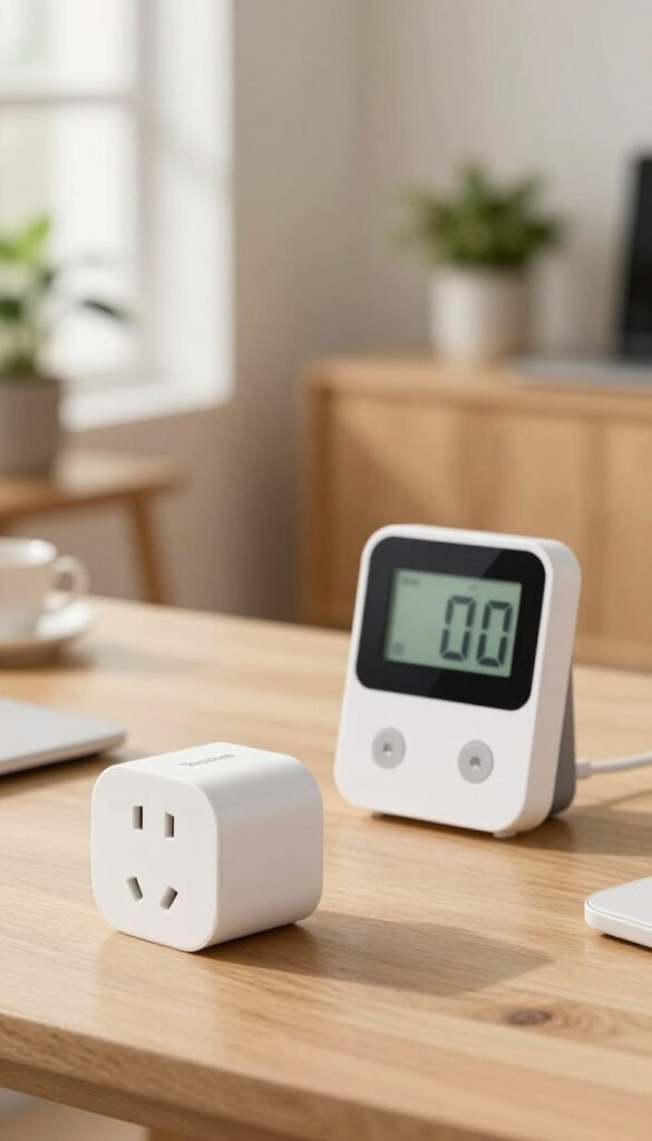 A visually engaging comparison of smart plugs and energy meters, showcasing a sleek, modern smart plug labeled with the brand name "TechKiste" in the foreground. The middle ground features a digital energy meter with a clear display, partially illuminated to emphasize its functionality. The background has a warm, inviting home setting, with soft, natural lighting streaming in through a window, creating a cozy atmosphere. Use a shallow depth of field to focus on the products, while slightly blurring the surrounding décor, such as potted plants and a neatly arranged desk. The overall mood should feel informative yet friendly, perfect for illustrating a section on product types in energy measurement. A visually engaging comparison of smart plugs and energy meters, showcasing a sleek, modern smart plug labeled with the brand name "TechKiste" in the foreground. The middle ground features a digital energy meter with a clear display, partially illuminated to emphasize its functionality. The background has a warm, inviting home setting, with soft, natural lighting streaming in through a window, creating a cozy atmosphere. Use a shallow depth of field to focus on the products, while slightly blurring the surrounding décor, such as potted plants and a neatly arranged desk. The overall mood should feel informative yet friendly, perfect for illustrating a section on product types in energy measurement.